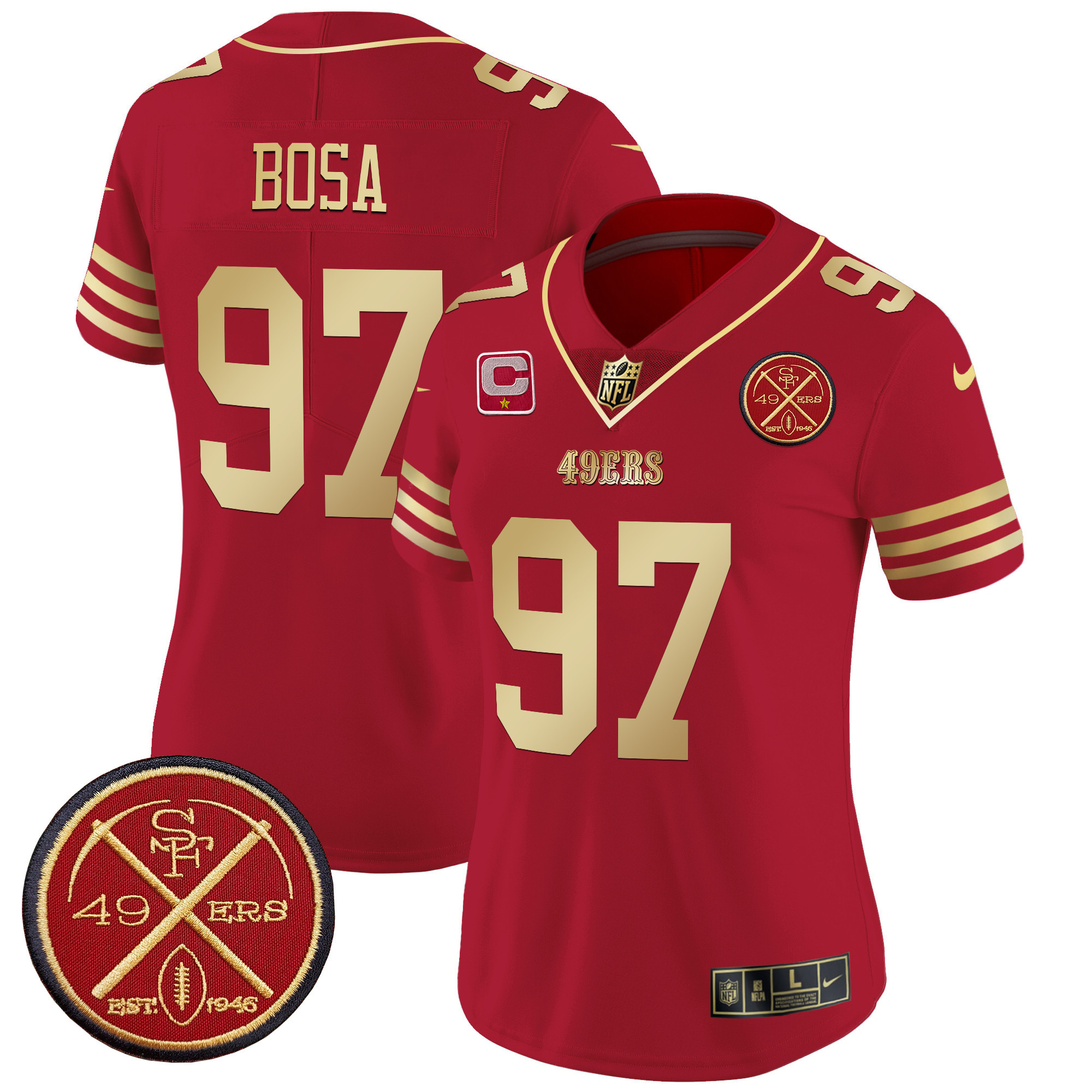 Nick Bosa Women's San Francisco 49ers Est.1946 Patch Vapor Limited Scarlet Gold Jersey - All Stitched