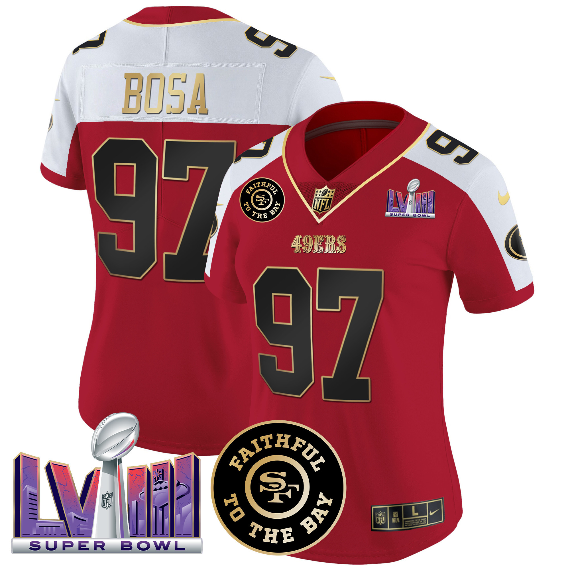 Nick Bosa Women's San Francisco 49ers  Faithful & Super Bowl LVIII Patch Vapor Alternate Jersey - All Stitched