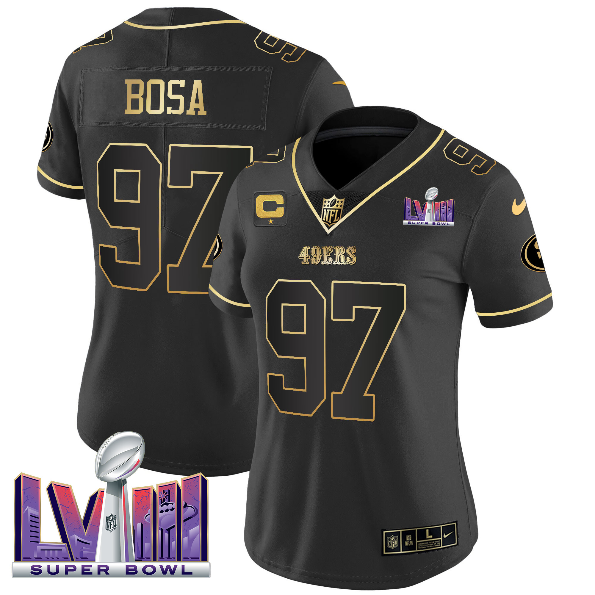 Nick Bosa Women's San Francisco 49ers  Super Bowl LVIII Patch Vapor Black Gold Jersey - All Stitched