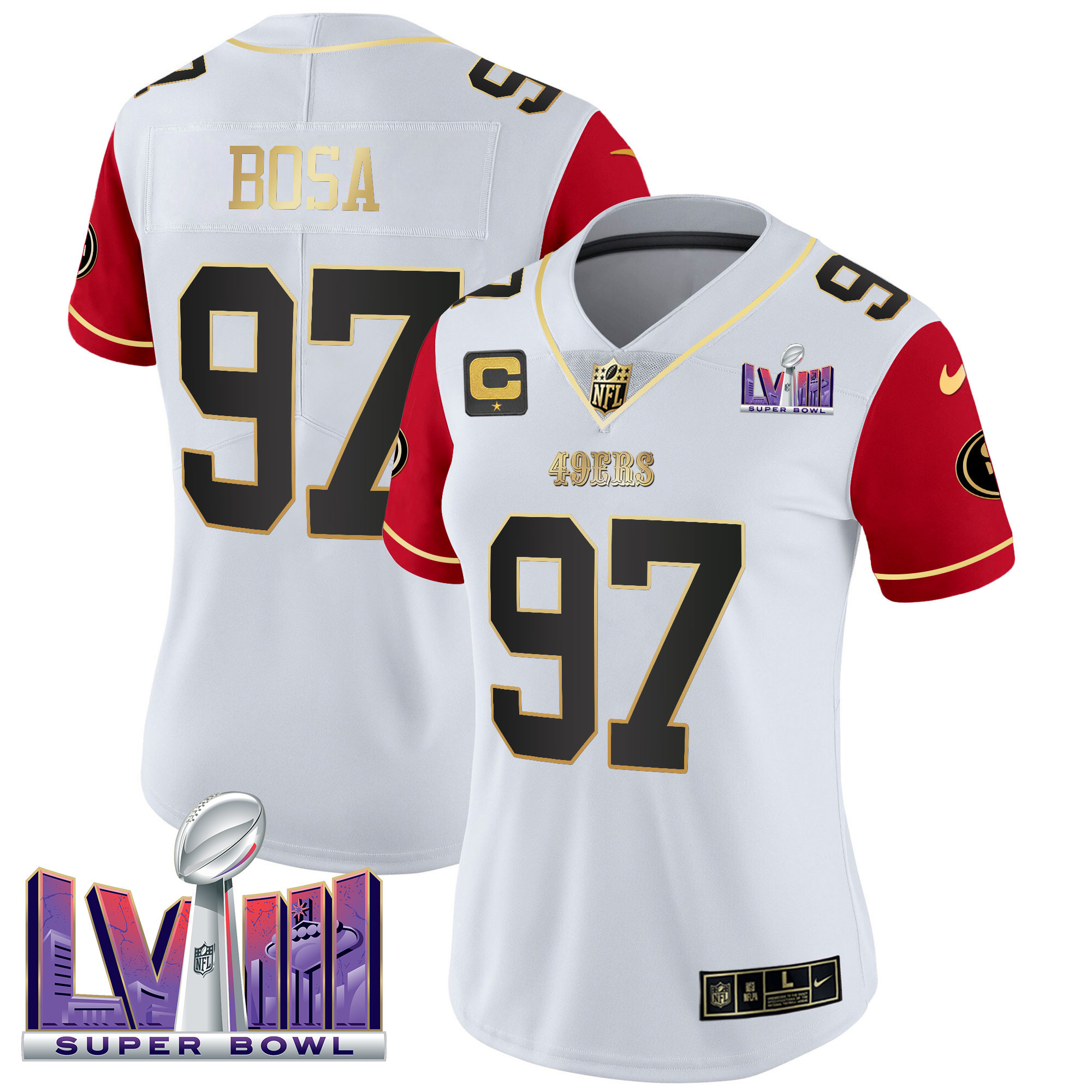 Nick Bosa Women's San Francisco 49ers  Super Bowl LVIII Patch Vapor Color Sleeves Jersey - All Stitched