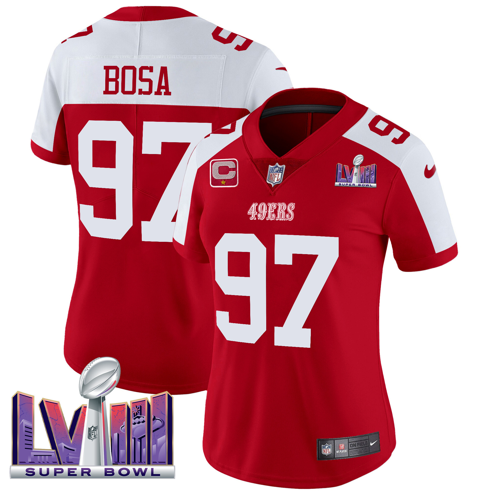 Nick Bosa Women's San Francisco 49ers Super Bowl LVIII Patch Vapor Limited Alternate Jersey - All Stitched