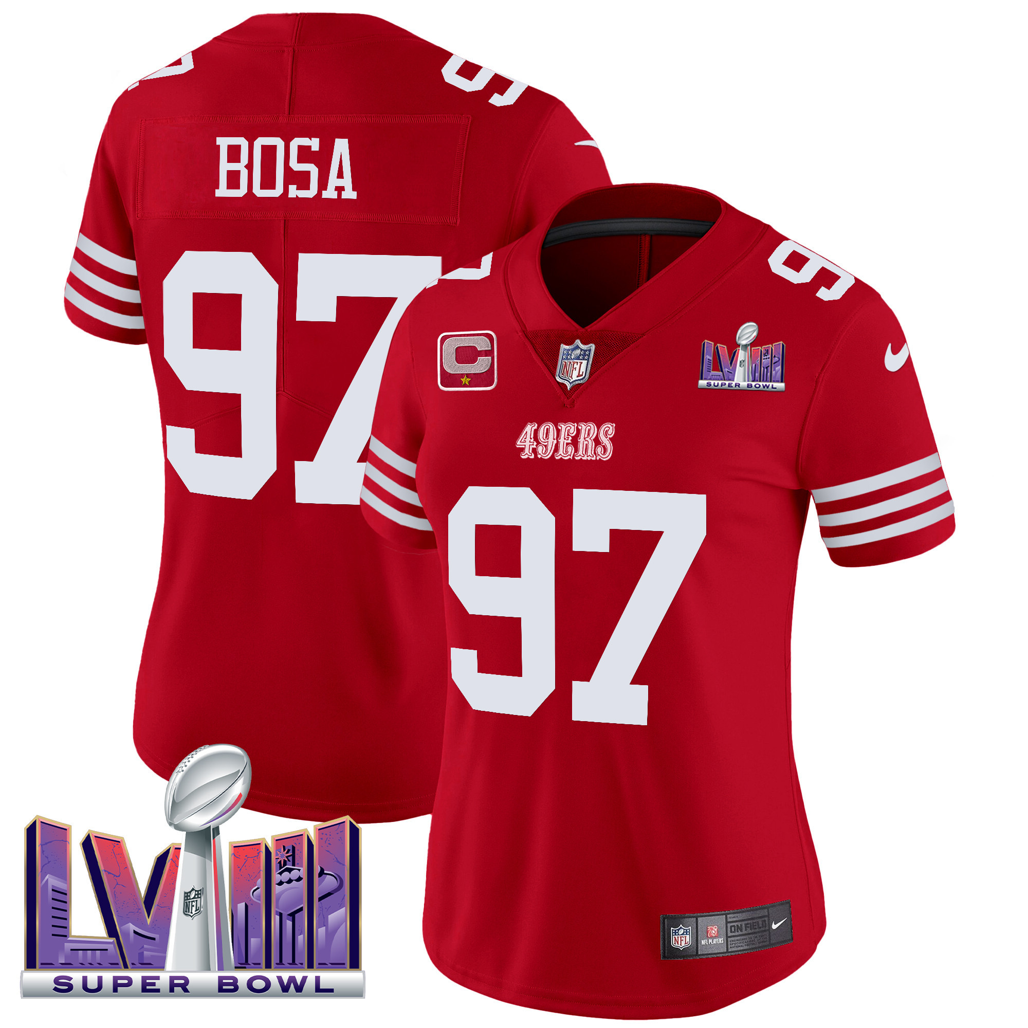 Nick Bosa Women's San Francisco 49ers Super Bowl LVIII Patch Vapor Limited Red Jersey - All Stitched