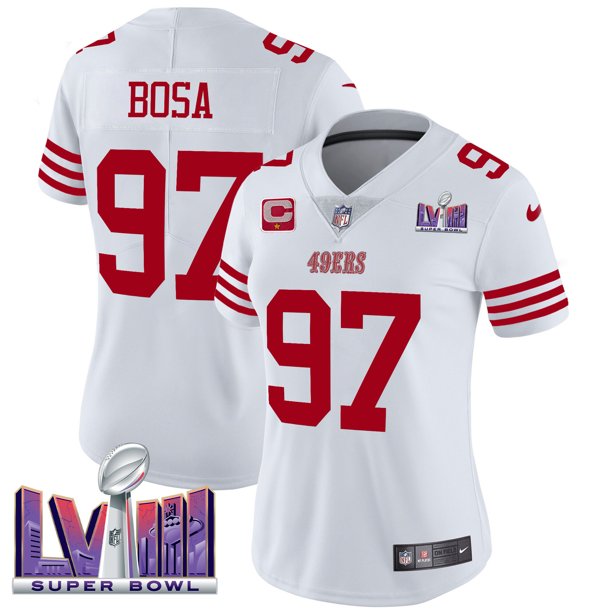 Nick Bosa Women's San Francisco 49ers Super Bowl LVIII Patch Vapor Limited White Jersey - All Stitched