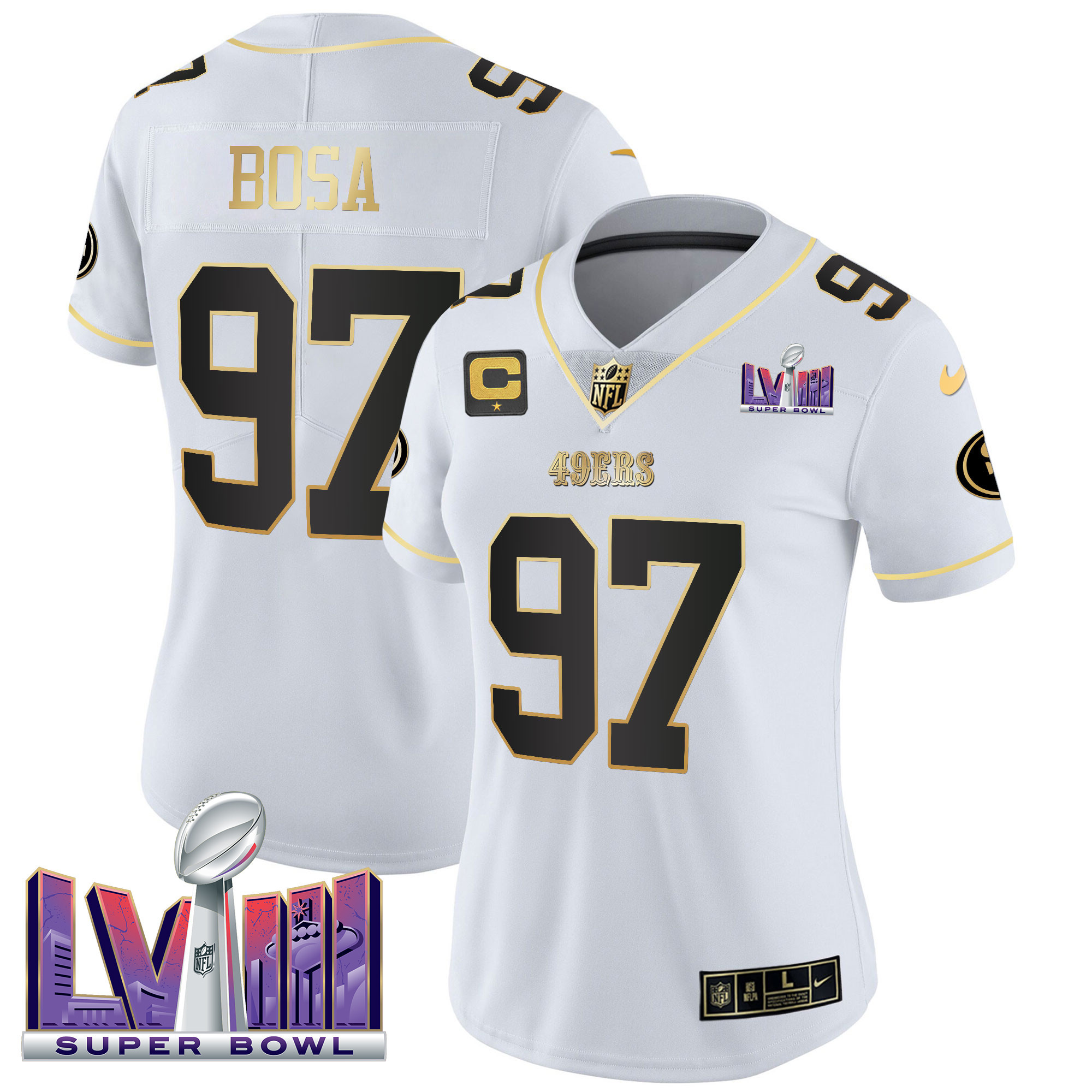 Nick Bosa Women's San Francisco 49ers  Super Bowl LVIII Patch Vapor White Gold Jersey - All Stitched