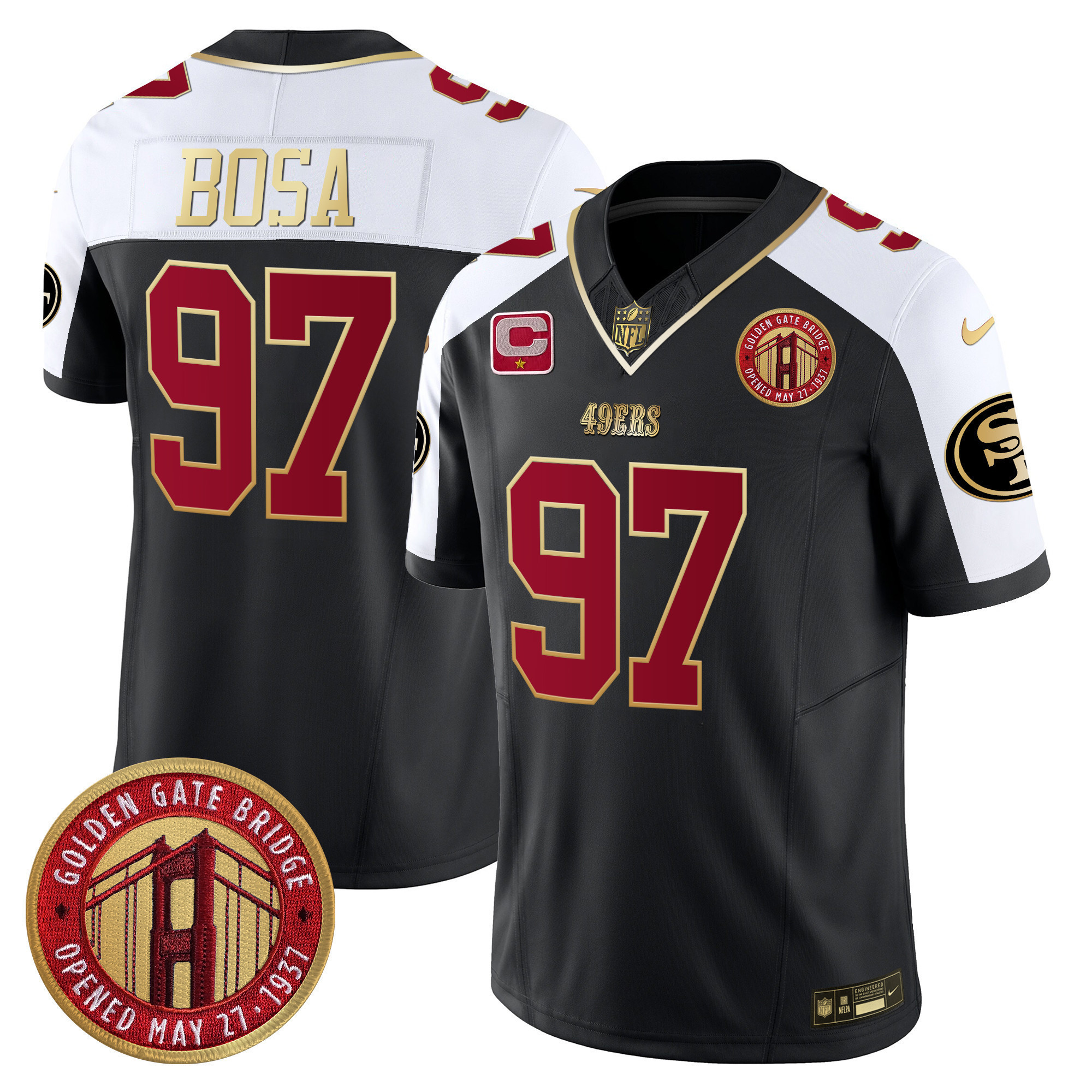 Nick Bosa Youth's San Francisco 49ers Golden Gate Bridge Patch Vapor Limited Black Alternate Jersey - All Stitched