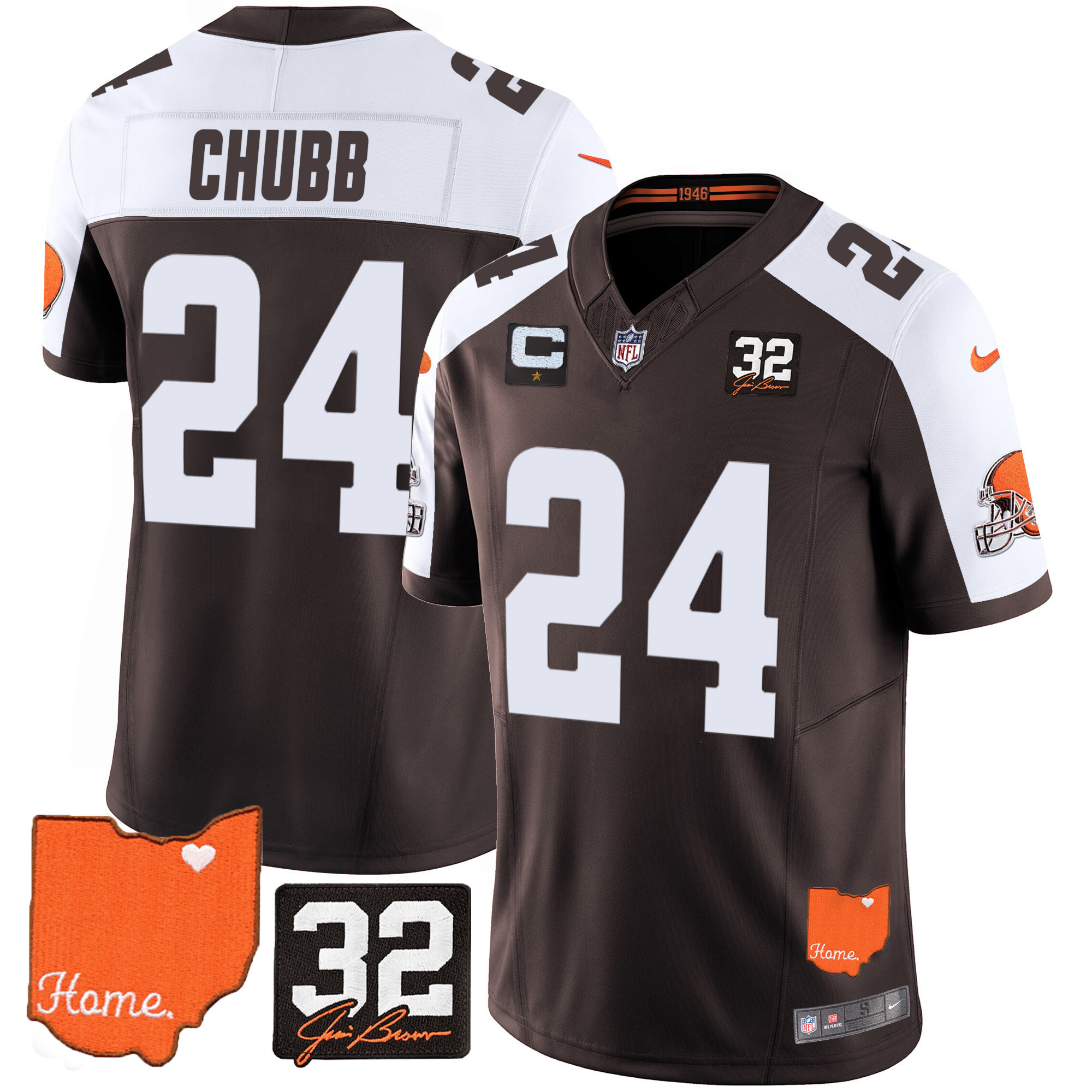 Nick Chubb Men's Cleveland Browns #32 Jim Brown Memorial & Home Patch Alternate Jersey - All Stitched