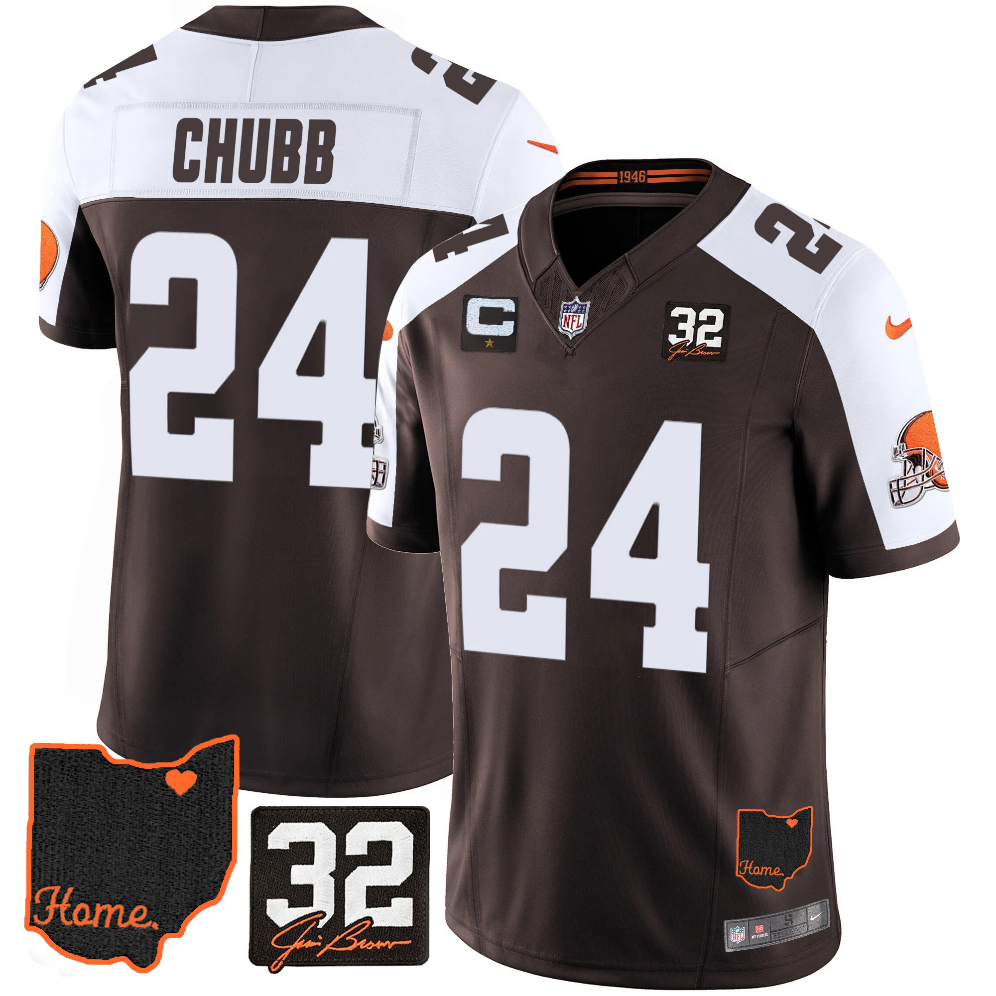 Nick Chubb Men's Cleveland Browns #32 Jim Brown Memorial & Home Patch Alternate Jersey - All Stitched