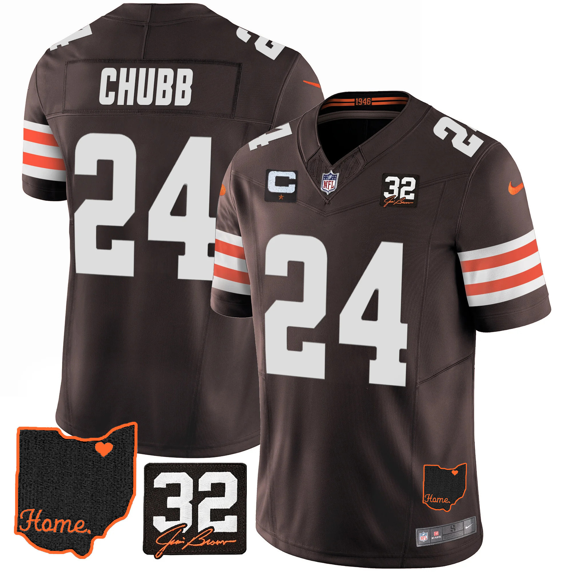 Nick Chubb Men's Cleveland Browns #32 Jim Brown Memorial & Home Patch Brown Jersey - All Stitched