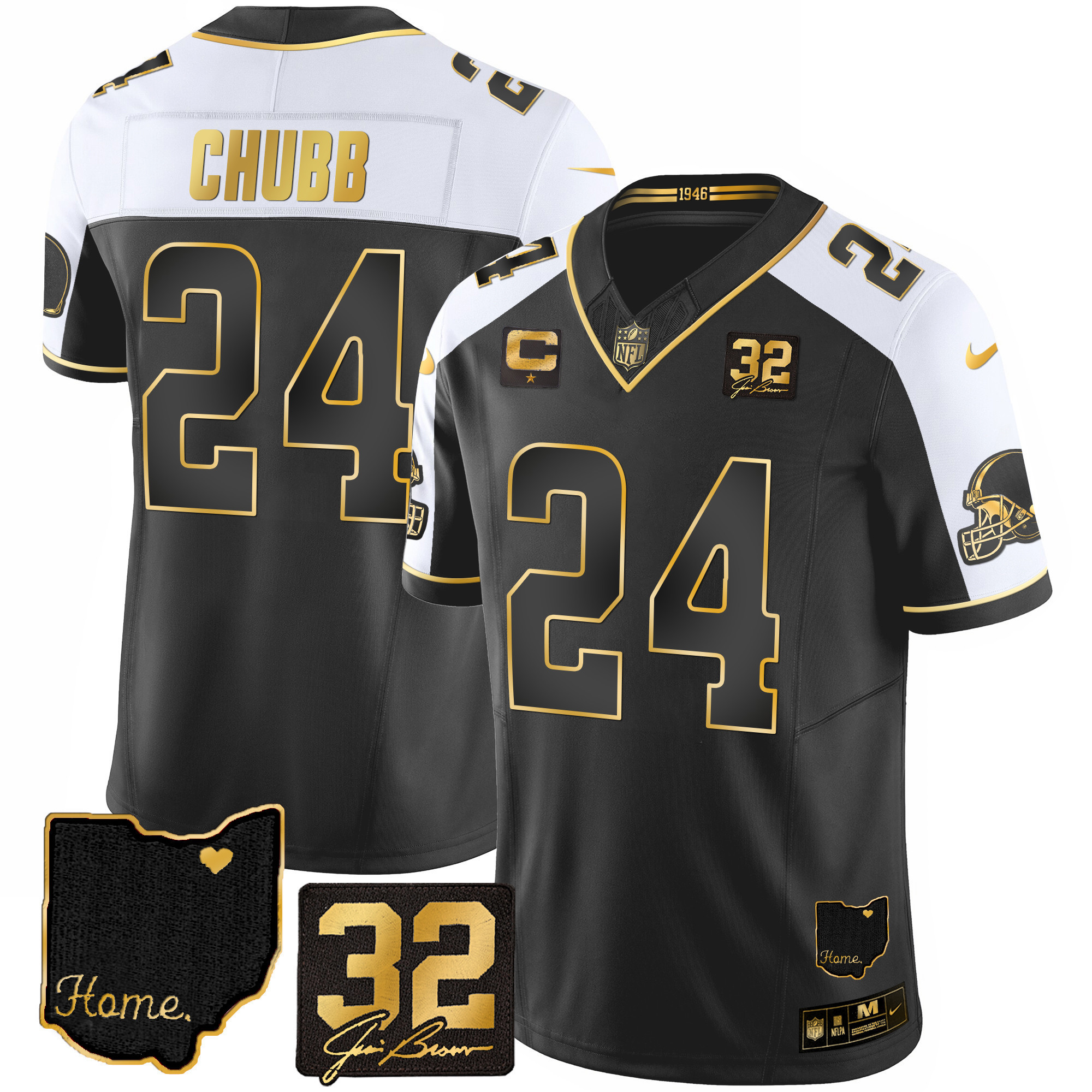 Nick Chubb Men's Cleveland Browns #32 Jim Brown Memorial & Home Patch Gold Alternate Jersey - All Stitched