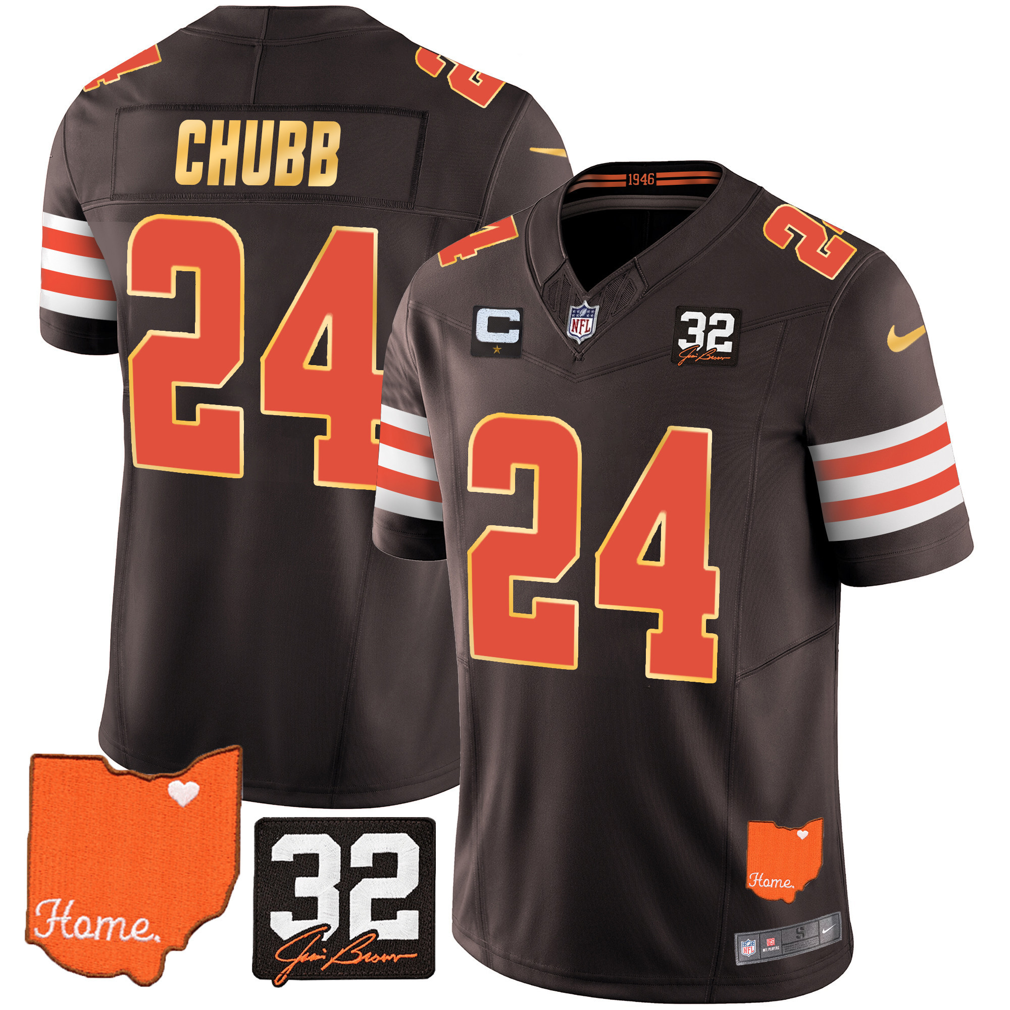 Nick Chubb Men's Cleveland Browns #32 Jim Brown Memorial & Home Patch Gold Trim Brown Jersey - All Stitched