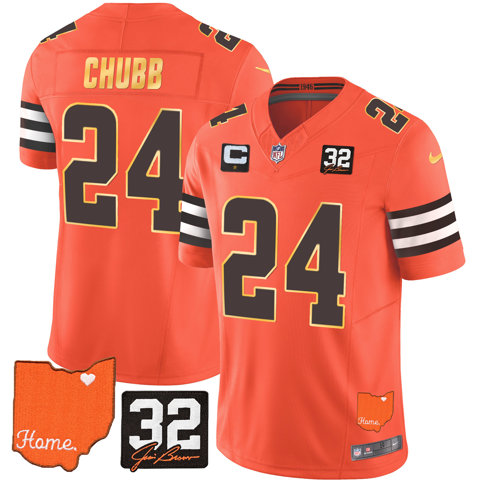 Nick Chubb Men's Cleveland Browns #32 Jim Brown Memorial & Home Patch Gold Trim Orange Jersey - All Stitched
