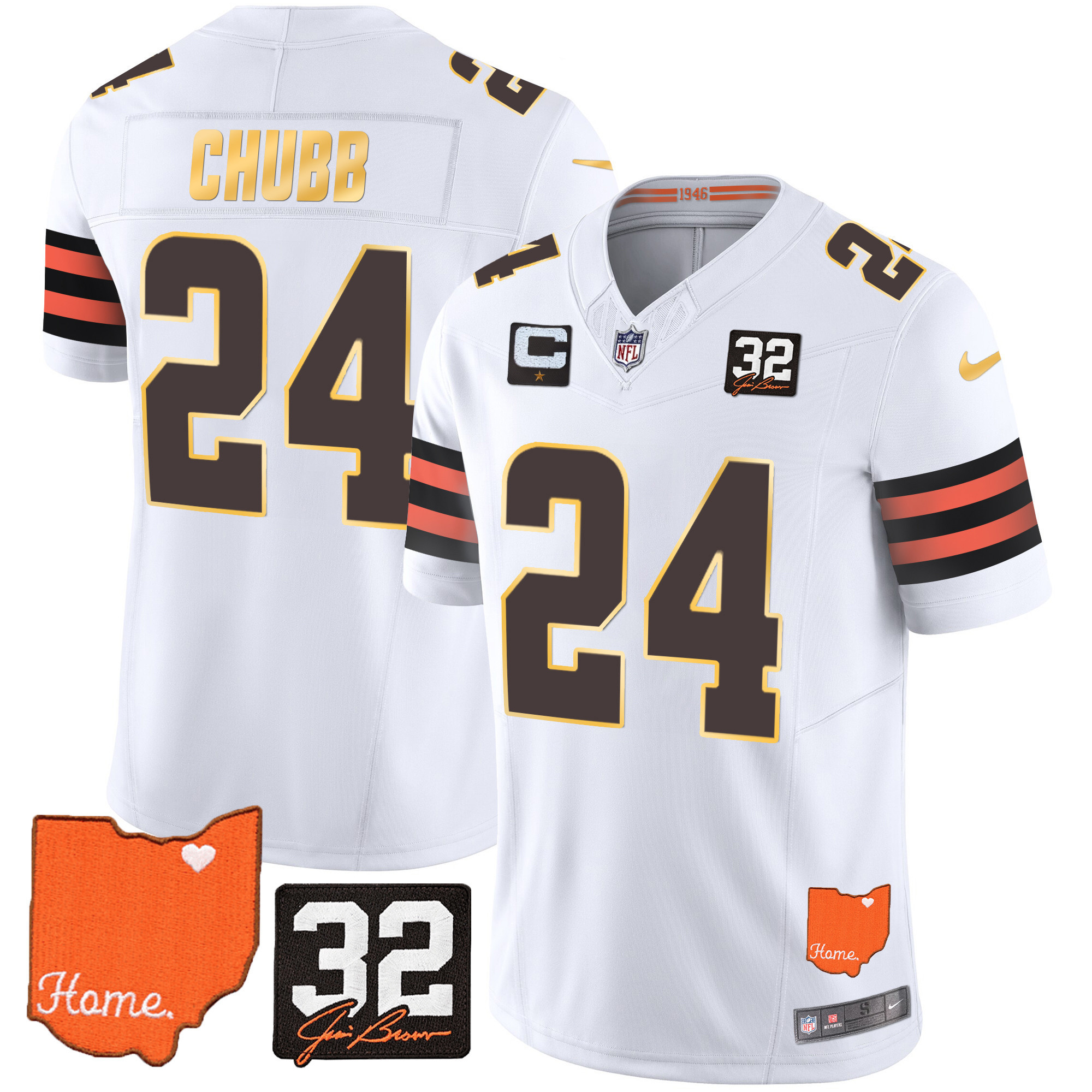 Nick Chubb Men's Cleveland Browns #32 Jim Brown Memorial & Home Patch Gold Trim White Jersey - All Stitched