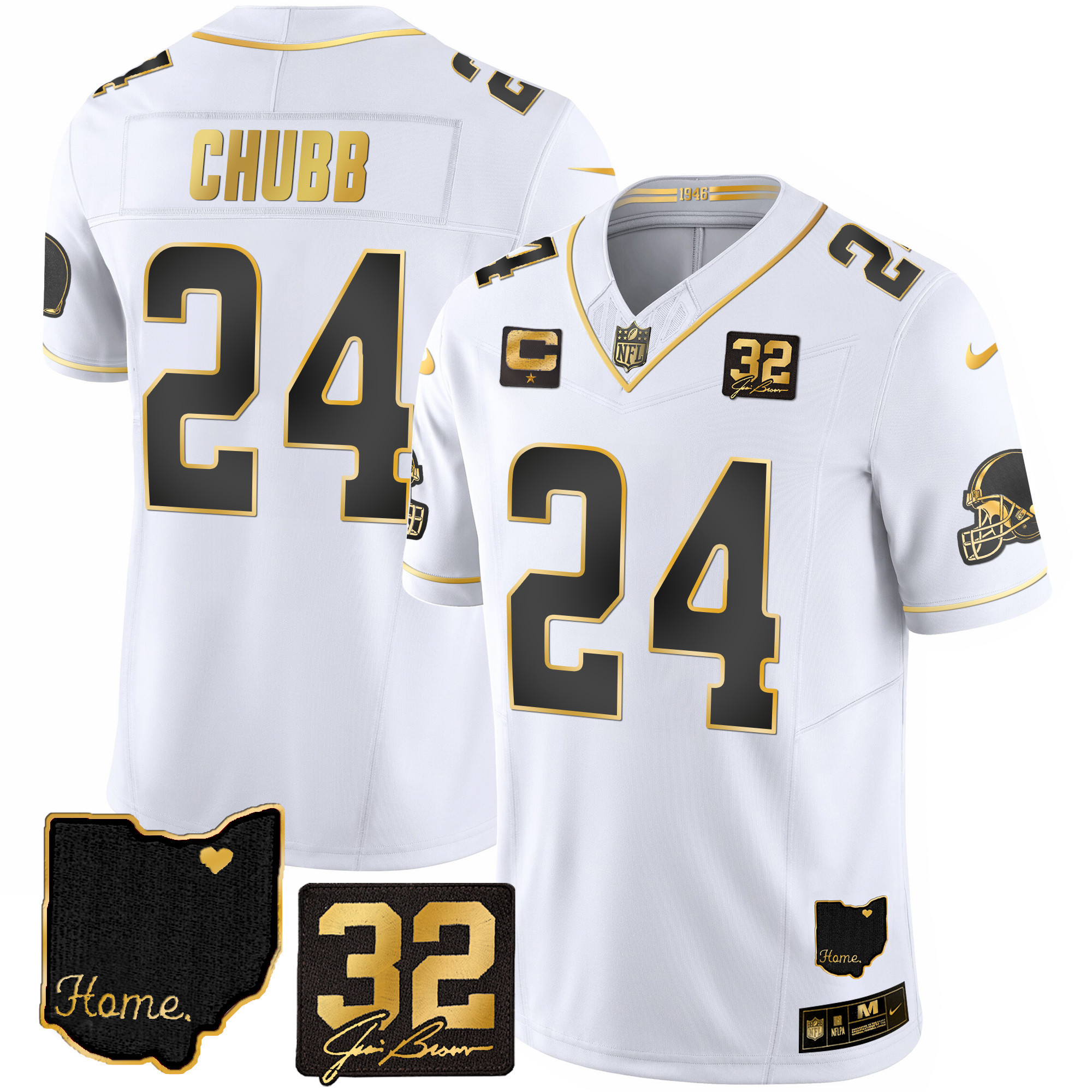 Nick Chubb Men's Cleveland Browns #32 Jim Brown Memorial & Home Patch Gold White Gold Jersey - All Stitched