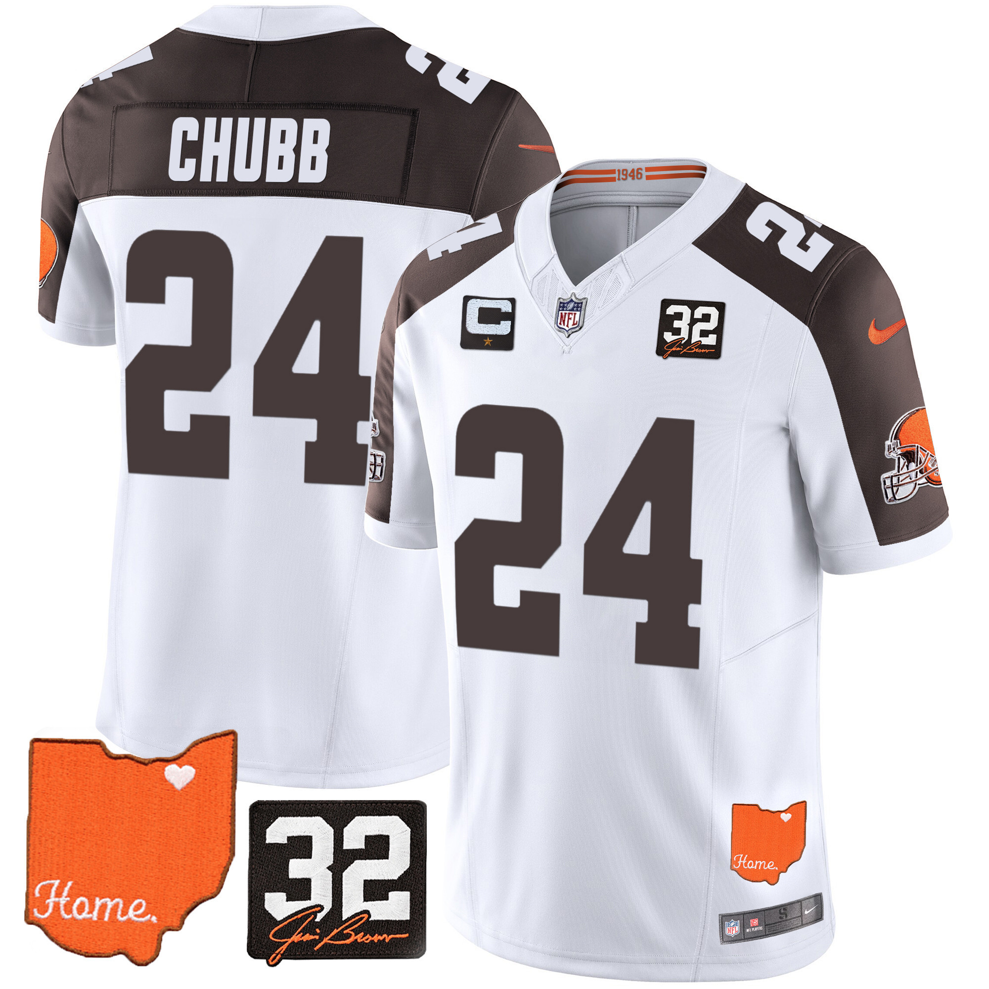 Nick Chubb Men's Cleveland Browns #32 Jim Brown Memorial & Home Patch Inverted Jersey - All Stitched