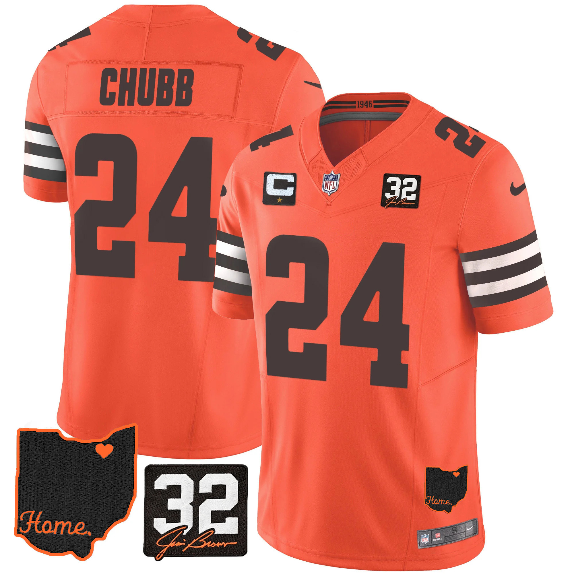 Nick Chubb Men's Cleveland Browns #32 Jim Brown Memorial & Home Patch Orange Jersey - All Stitched