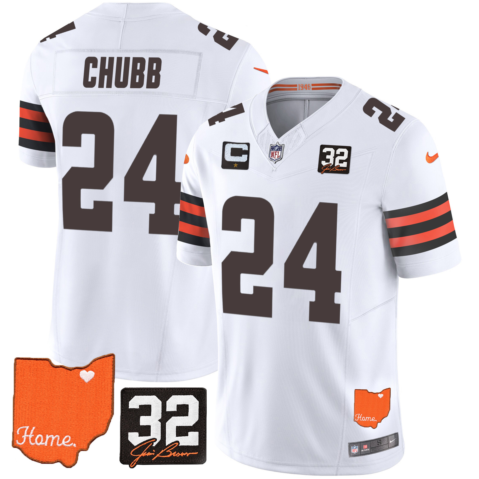Nick Chubb Men's Cleveland Browns #32 Jim Brown Memorial & Home Patch White Jersey - All Stitched