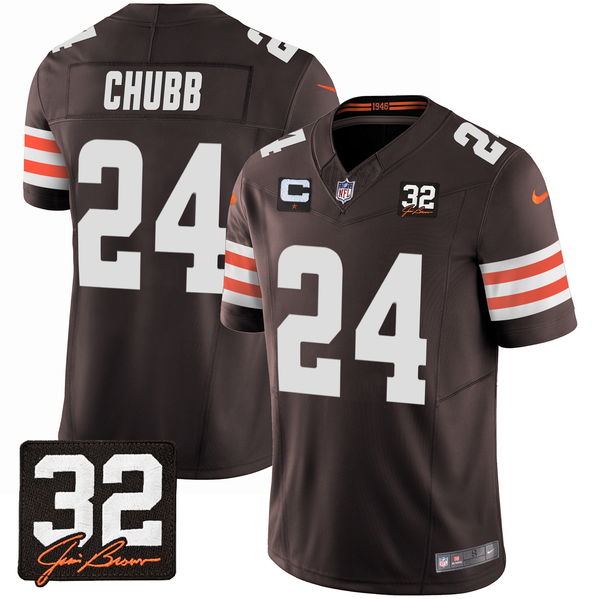 Nick Chubb Men's Cleveland Browns #32 Jim Brown Memorial Patch Brown Jersey - All Stitched