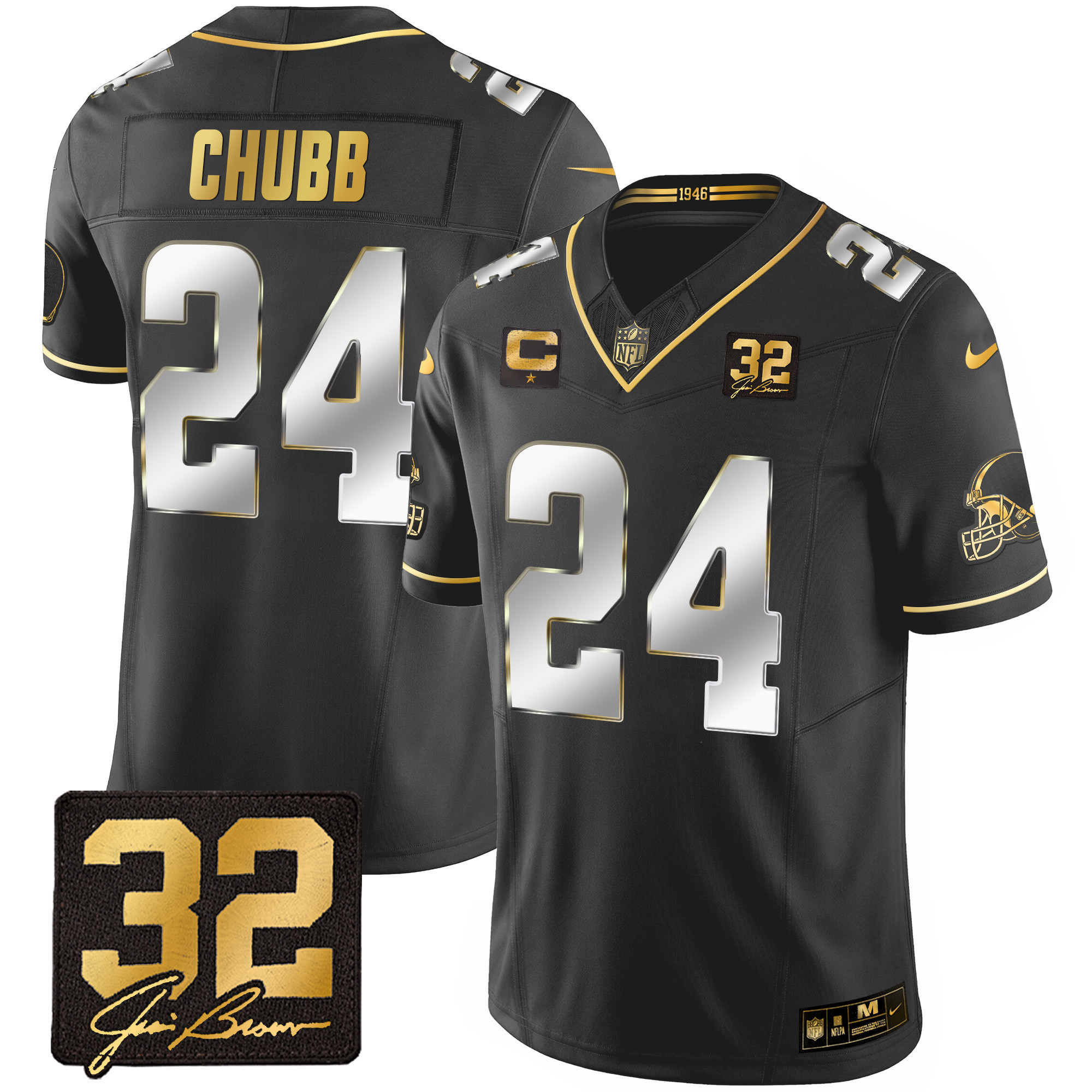 Nick Chubb Men's Cleveland Browns #32 Jim Brown Memorial Patch Gold Black Limited Jersey - All Stitched