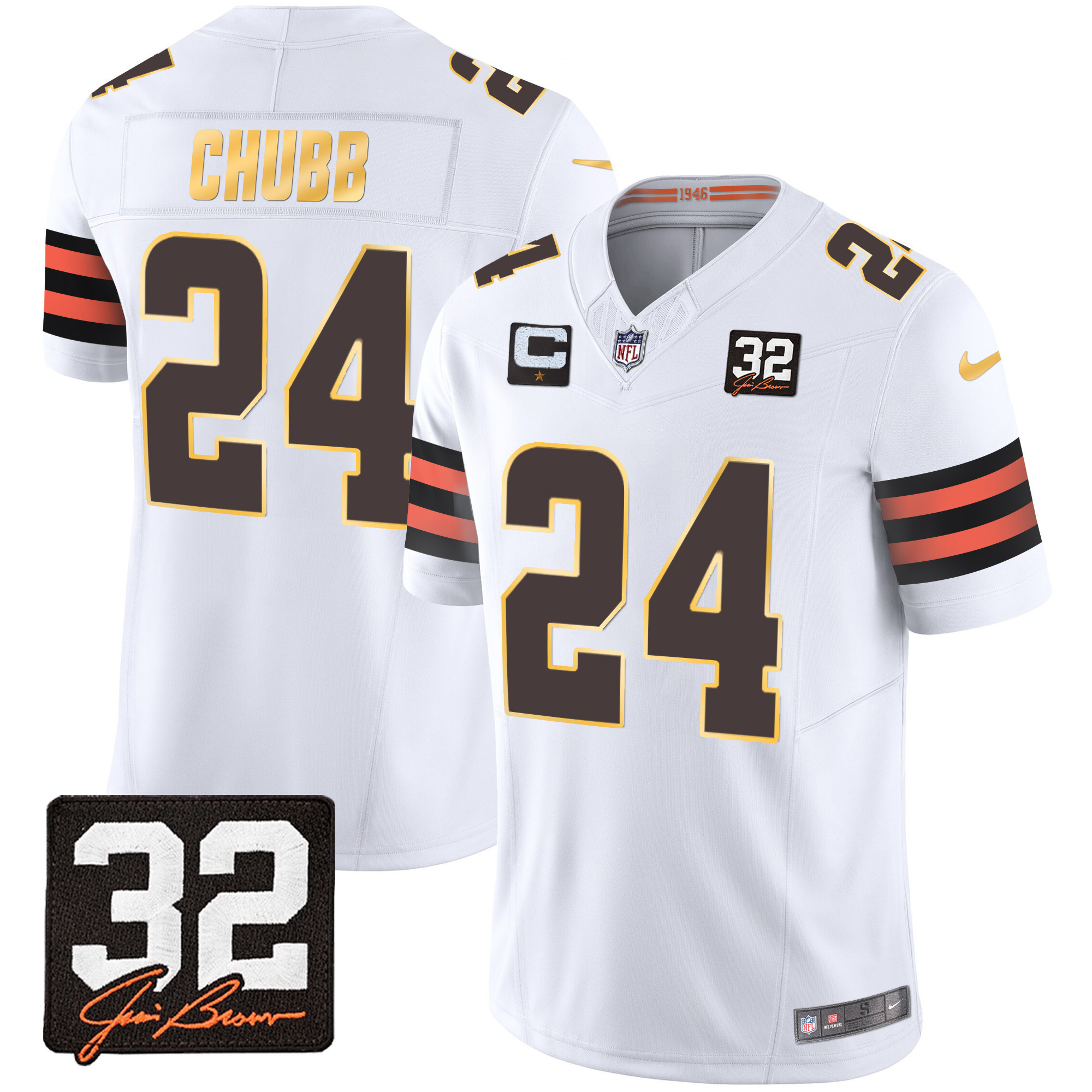 Nick Chubb Men's Cleveland Browns #32 Jim Brown Memorial Patch Gold Trim White Jersey - All Stitched