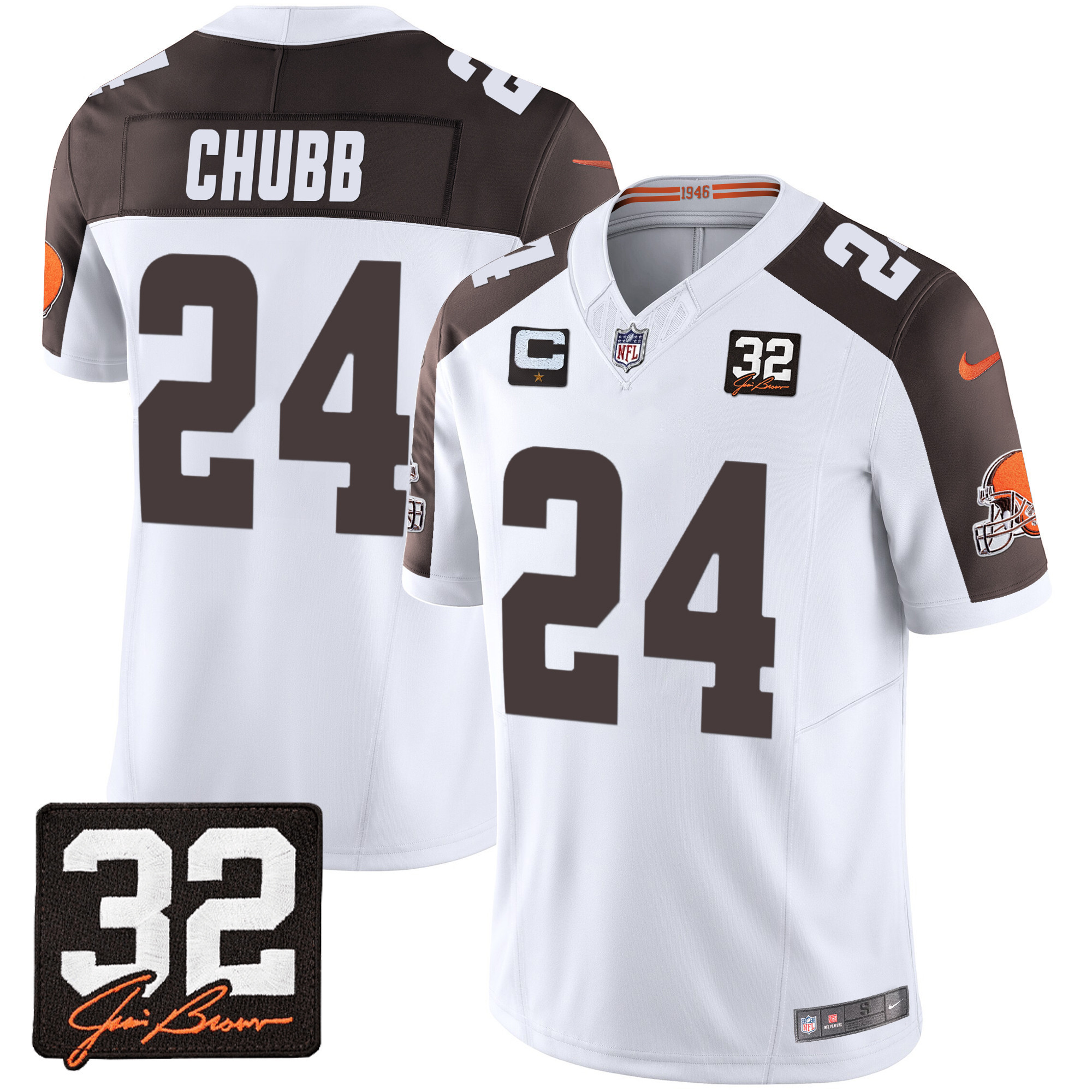 Nick Chubb Men's Cleveland Browns #32 Jim Brown Memorial Patch Inverted Jersey - All Stitched