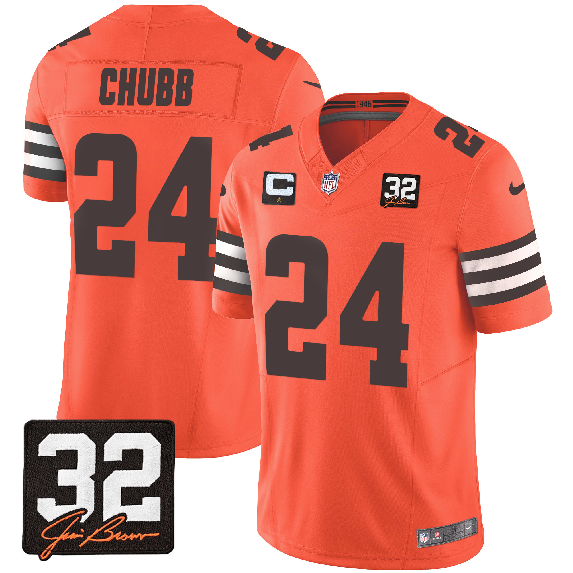 Nick Chubb Men's Cleveland Browns #32 Jim Brown Memorial Patch Orange Jersey - All Stitched