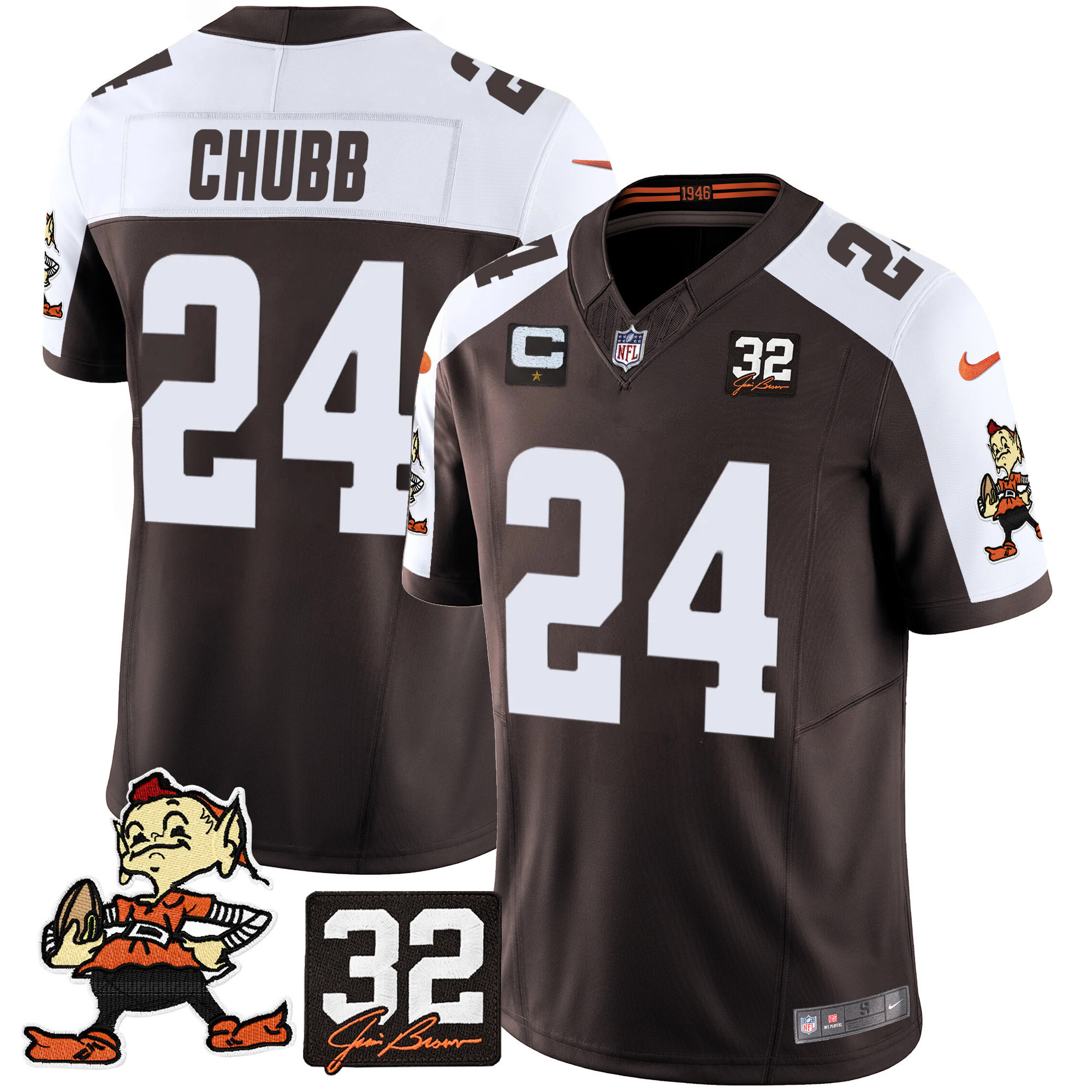 Nick Chubb Men's Cleveland Browns #32 Jim Brown Memorial Patch Vapor Limited Alternate Jersey - All Stitched