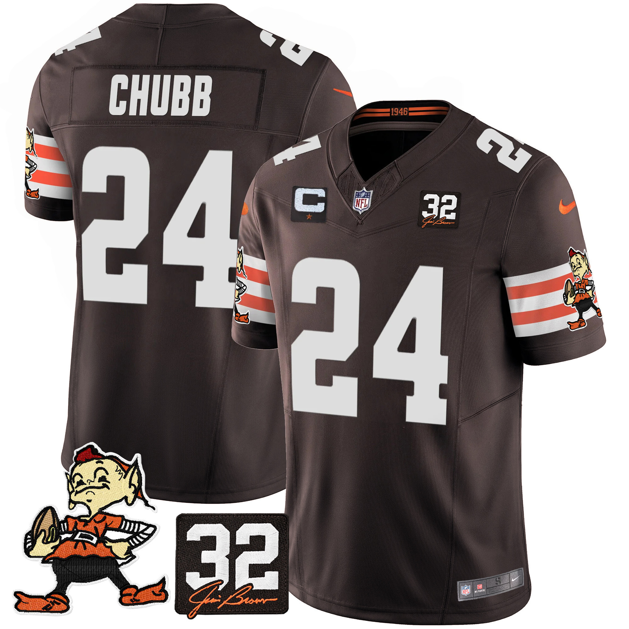 Nick Chubb Men's Cleveland Browns #32 Jim Brown Memorial Patch Vapor Limited Brown Jersey - All Stitched
