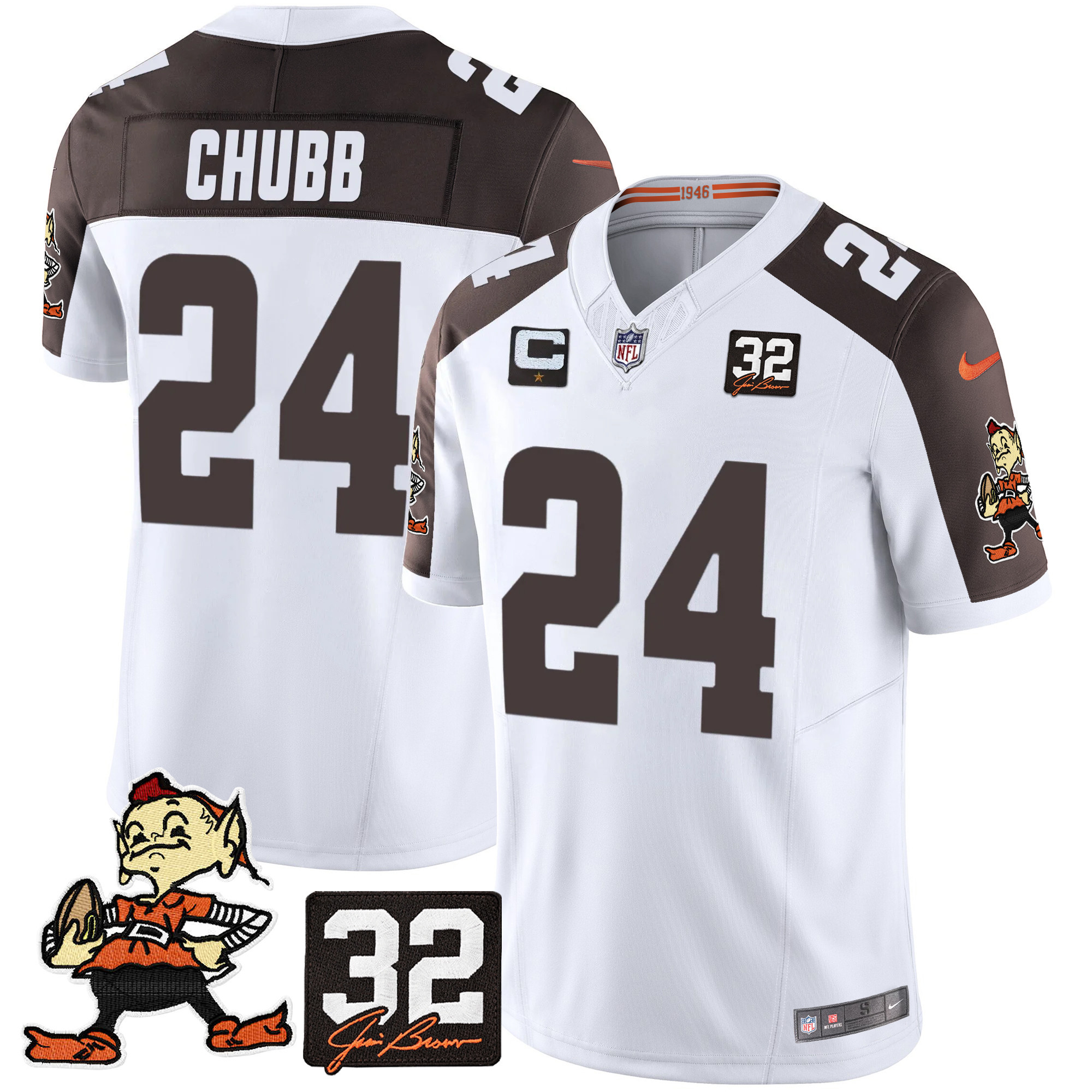 Nick Chubb Men's Cleveland Browns #32 Jim Brown Memorial Patch Vapor Limited Inverted Jersey - All Stitched