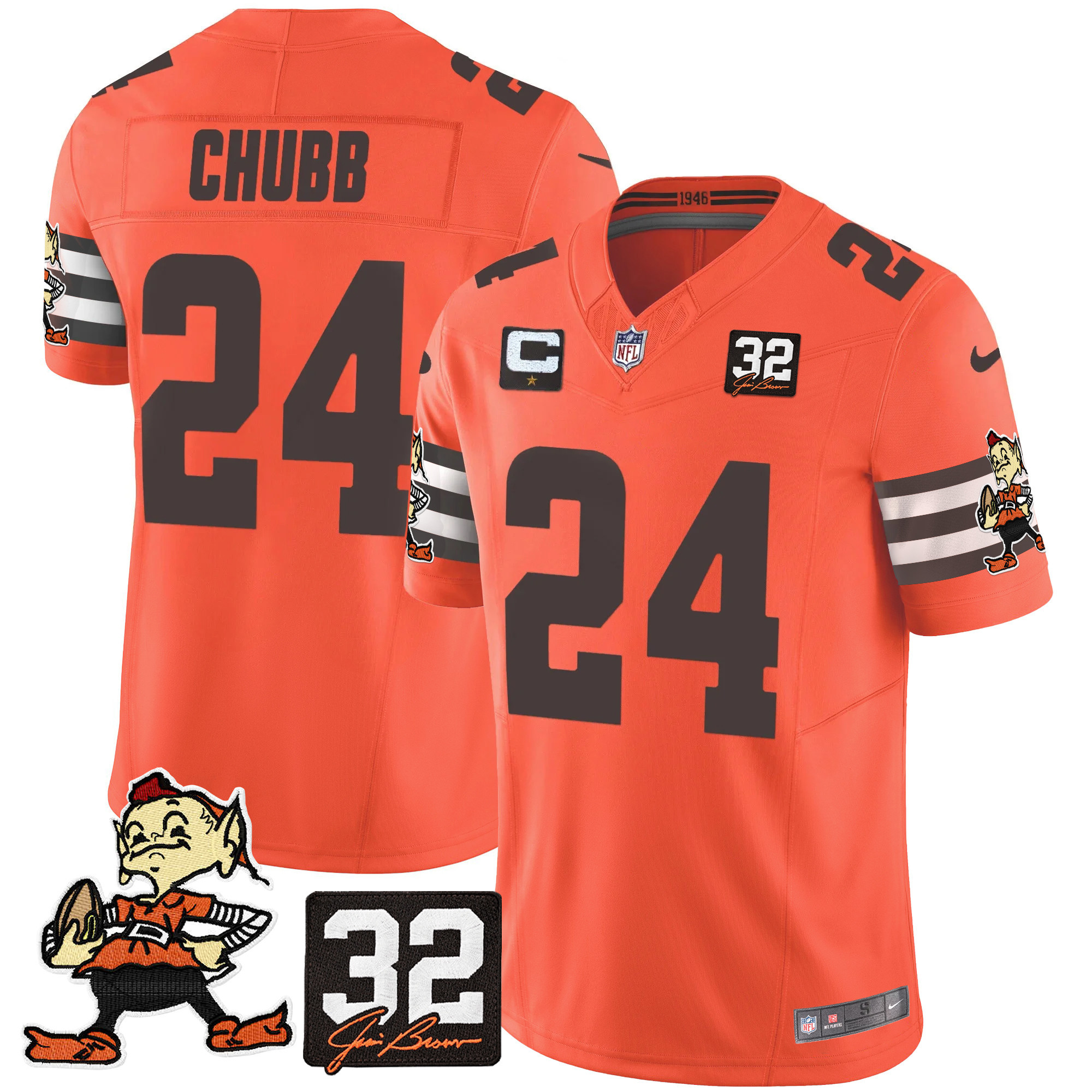 Nick Chubb Men's Cleveland Browns #32 Jim Brown Memorial Patch Vapor Limited Orange Jersey - All Stitched