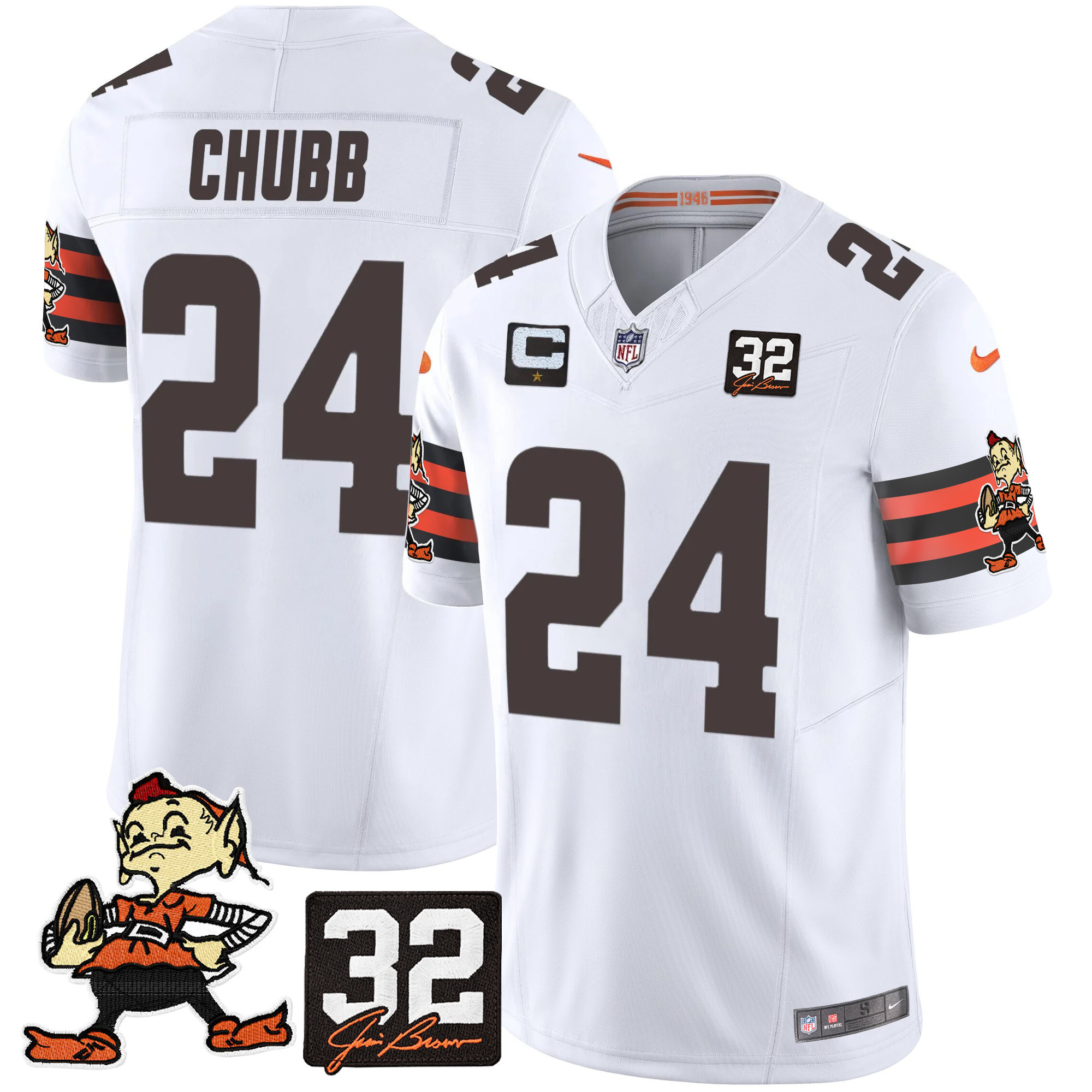 Nick Chubb Men's Cleveland Browns #32 Jim Brown Memorial Patch Vapor Limited White Jersey - All Stitched