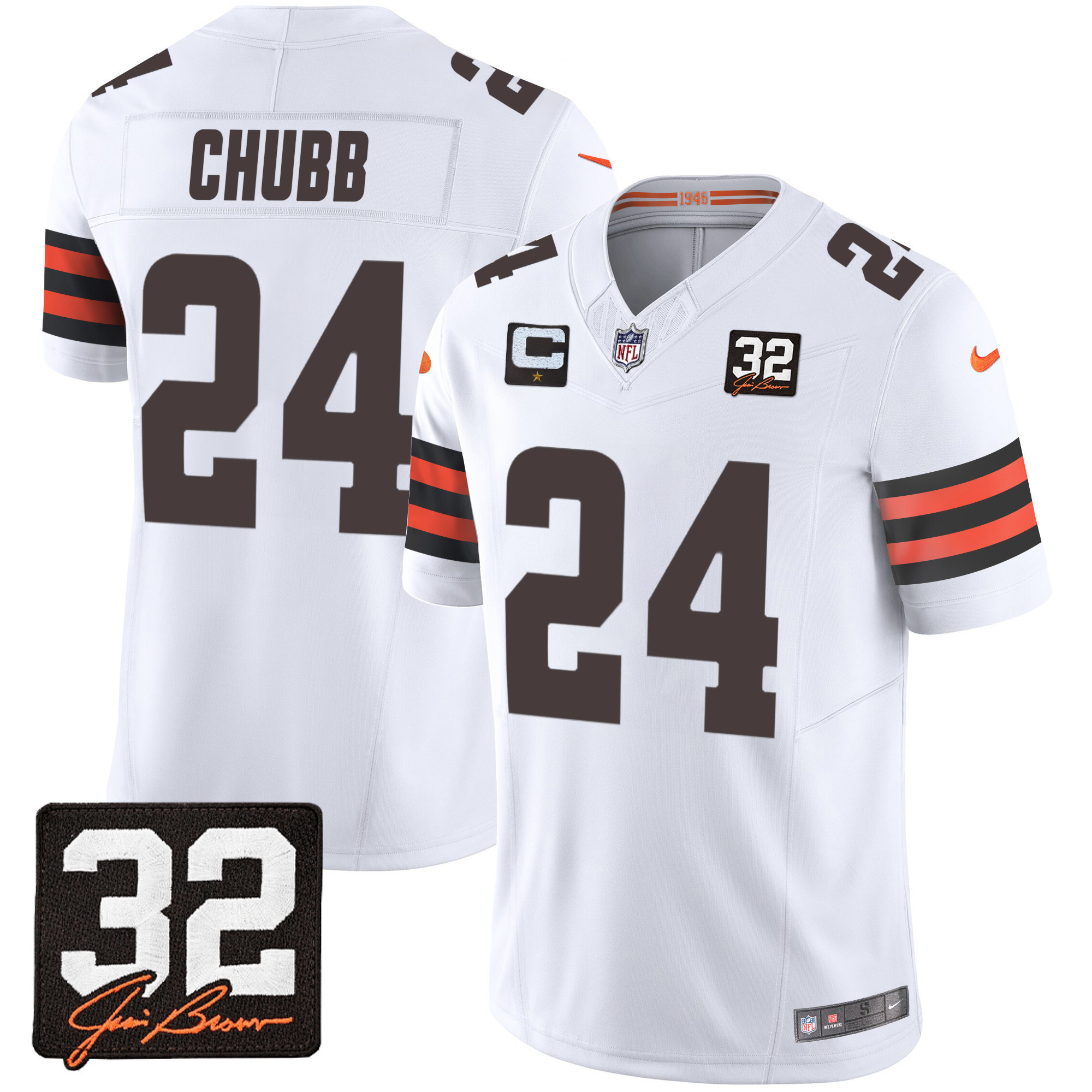 Nick Chubb Men's Cleveland Browns #32 Jim Brown Memorial Patch White Jersey - All Stitched