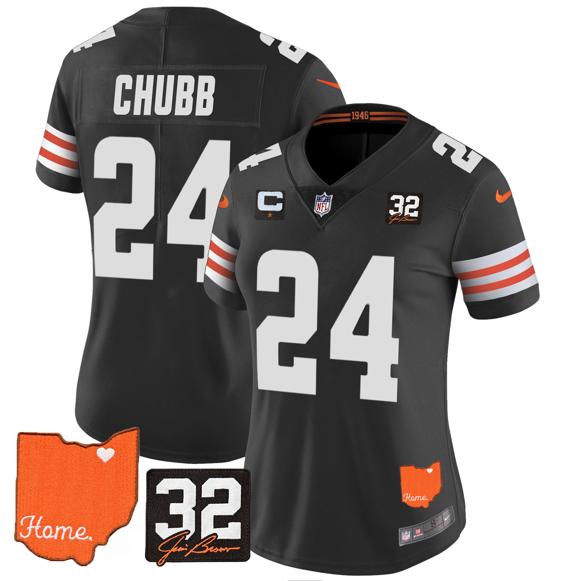 Nick Chubb Women's Cleveland Browns #32 Jim Brown Memorial & Home Patch Black Jersey - All Stitched