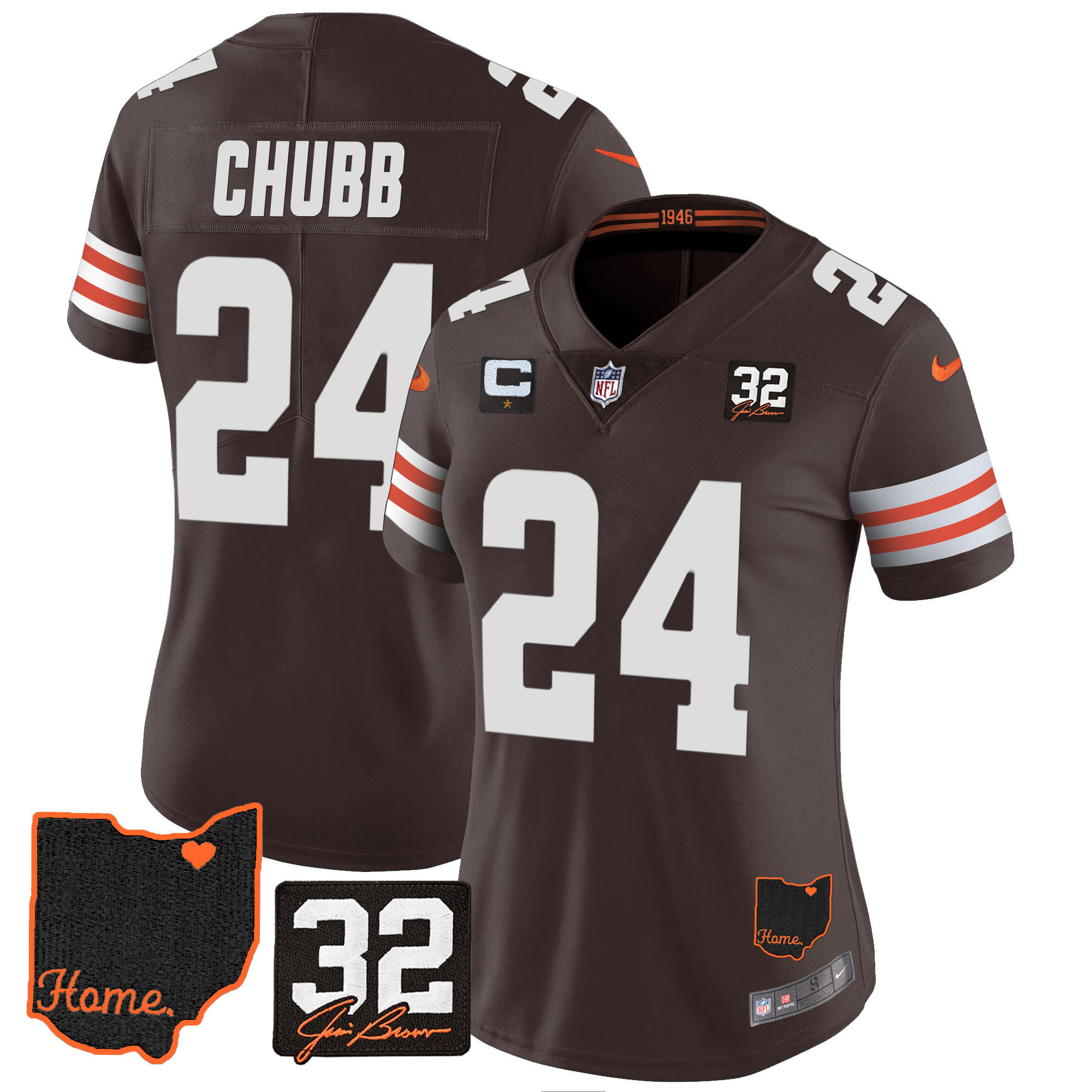 Nick Chubb Women's Cleveland Browns #32 Jim Brown Memorial & Home Patch Brown Jersey - All Stitched