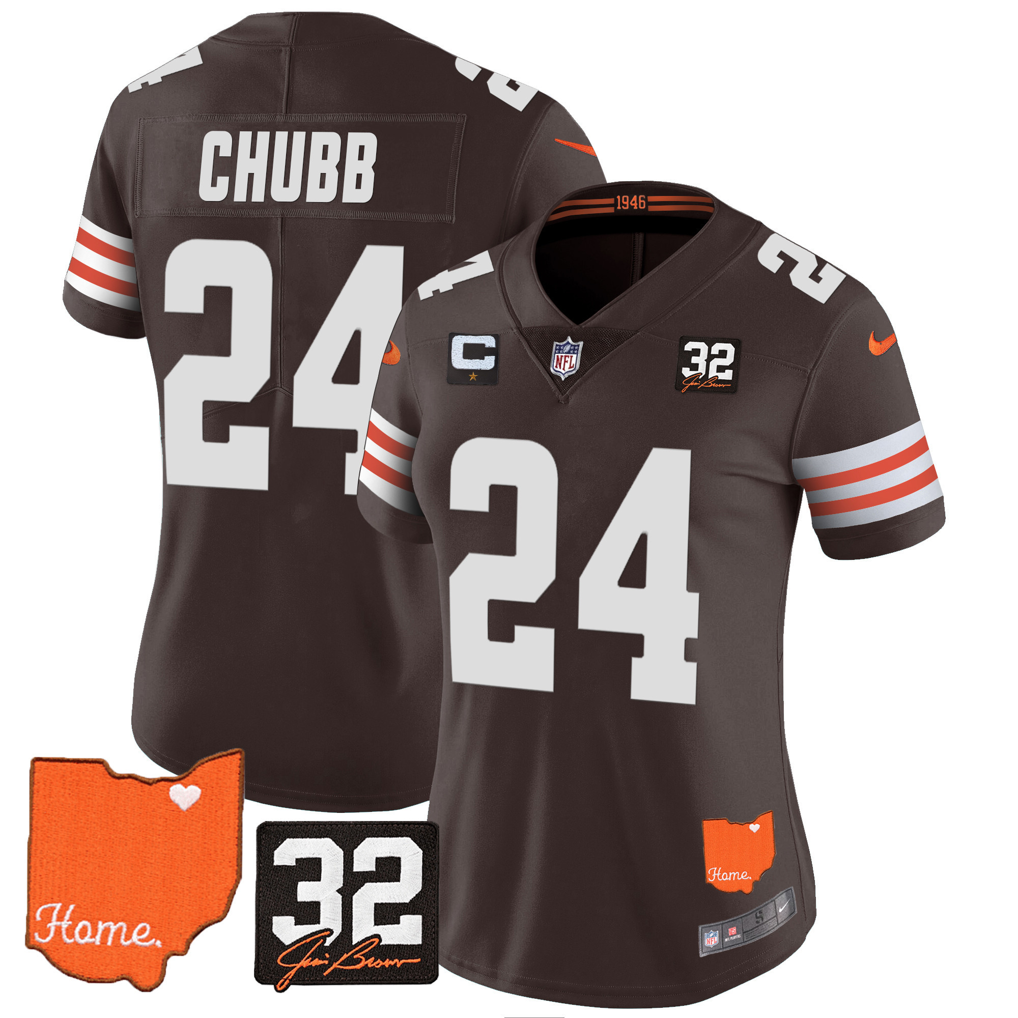 Nick Chubb Women's Cleveland Browns #32 Jim Brown Memorial & Home Patch Brown Jersey - All Stitched