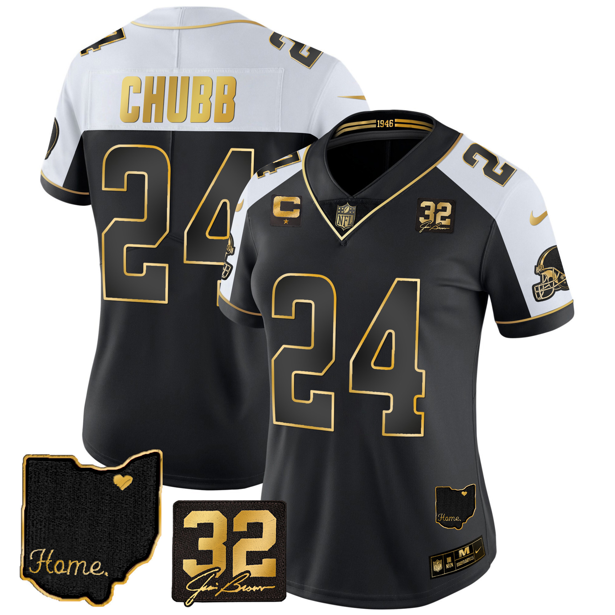 Nick Chubb Women's Cleveland Browns #32 Jim Brown Memorial & Home Patch Gold Alternate Jersey - All Stitched
