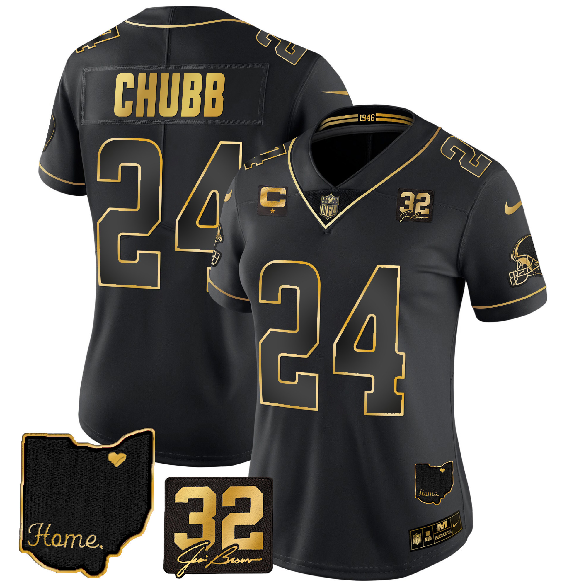 Nick Chubb Women's Cleveland Browns #32 Jim Brown Memorial & Home Patch Gold Black Gold Jersey - All Stitched