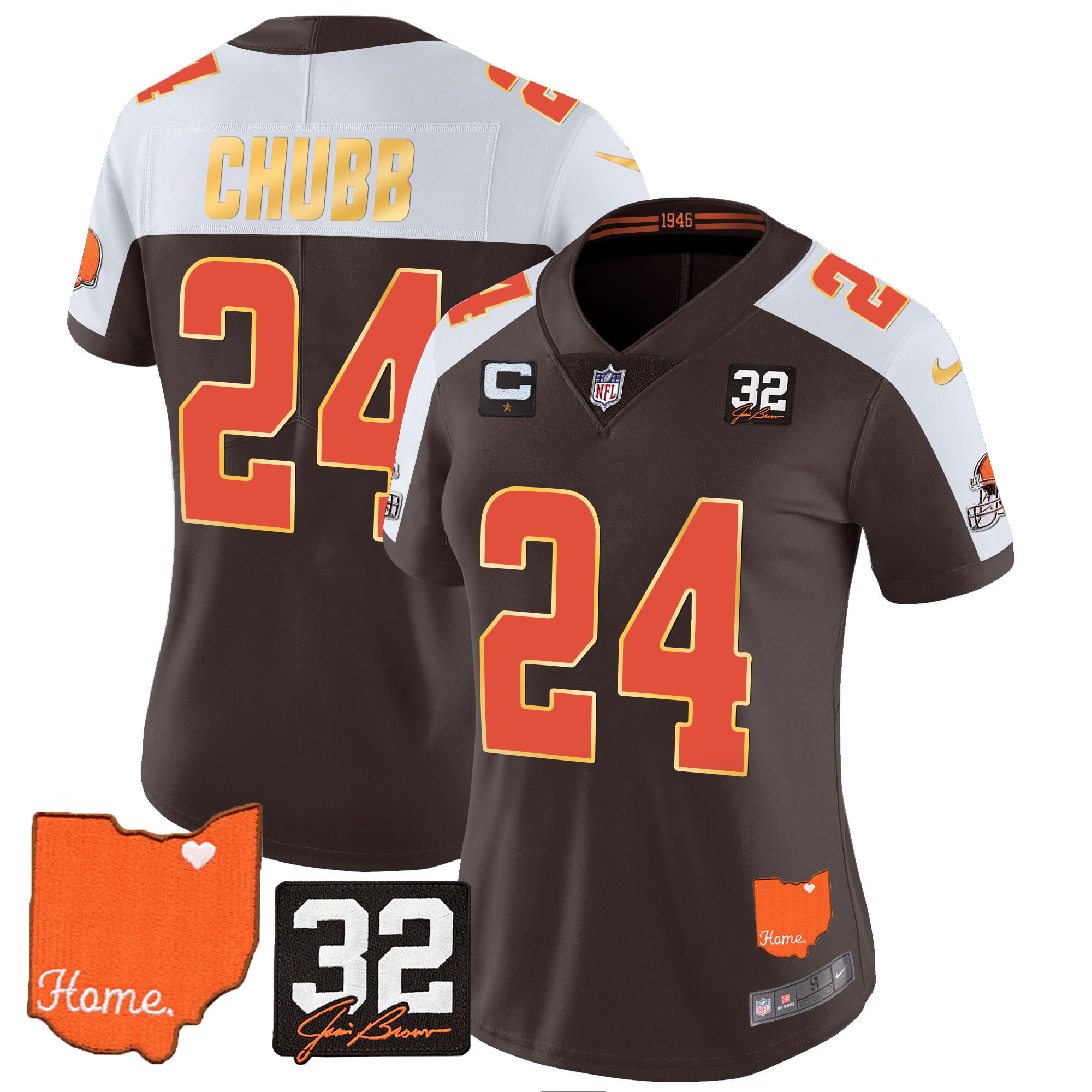 Nick Chubb Women's Cleveland Browns #32 Jim Brown Memorial & Home Patch Gold Trim Alternate Jersey - All Stitched