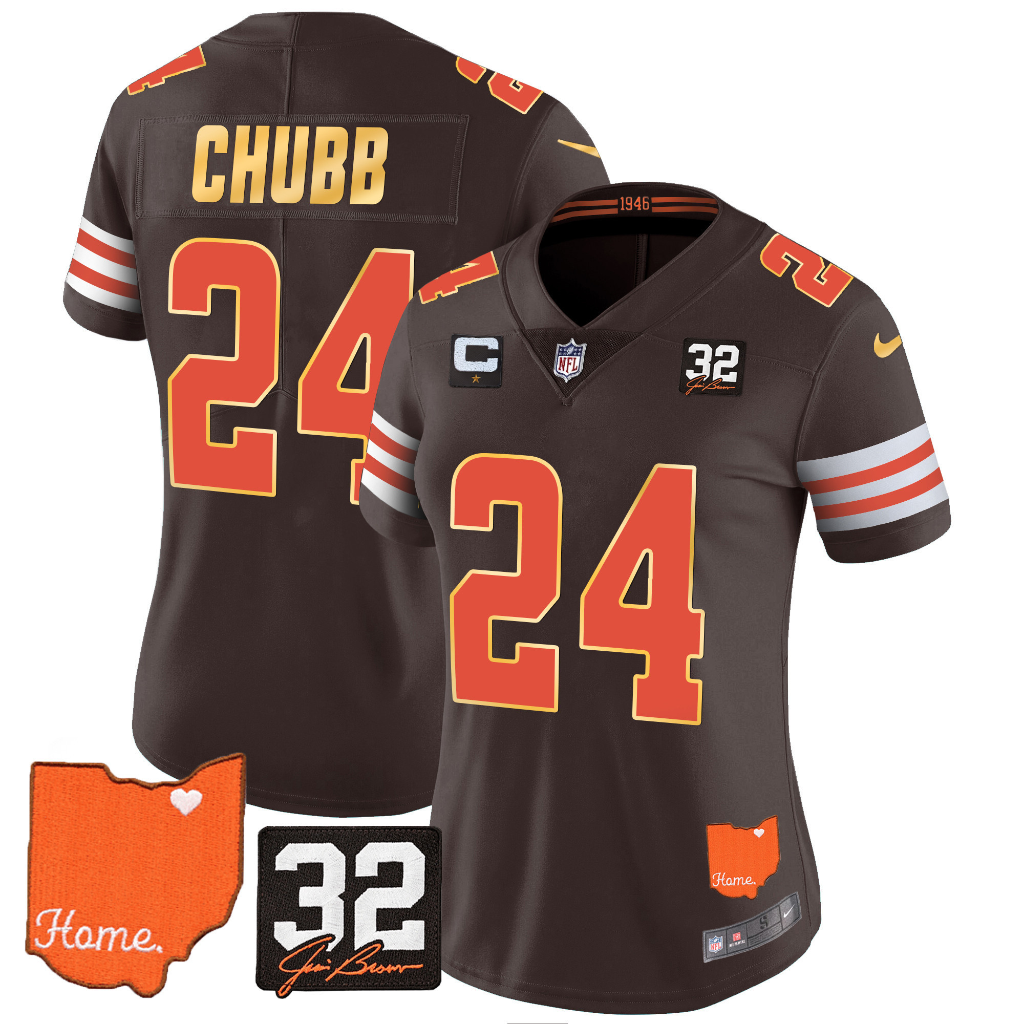 Nick Chubb Women's Cleveland Browns #32 Jim Brown Memorial & Home Patch Gold Trim Brown Jersey - All Stitched