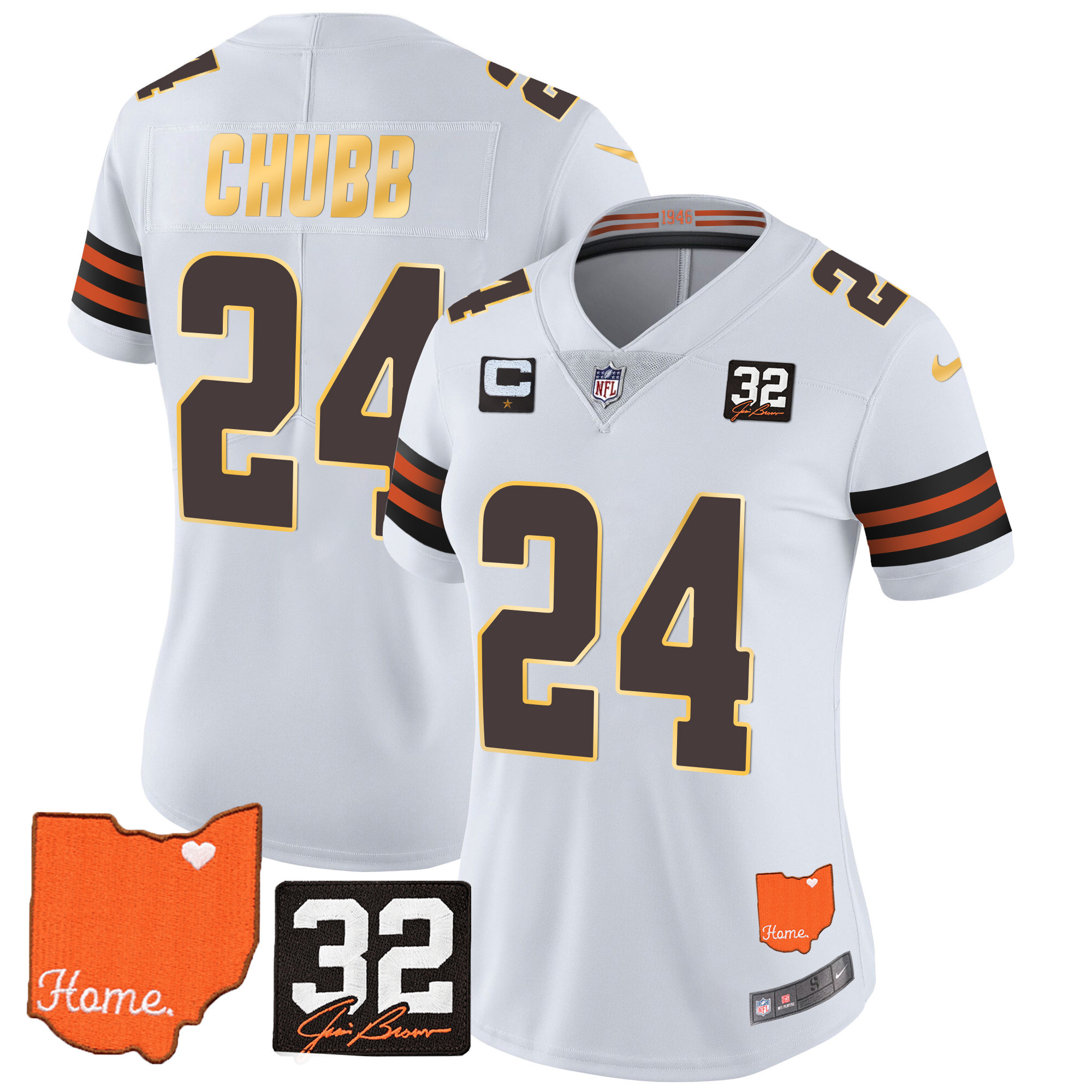 Nick Chubb Women's Cleveland Browns #32 Jim Brown Memorial & Home Patch Gold Trim White Jersey - All Stitched