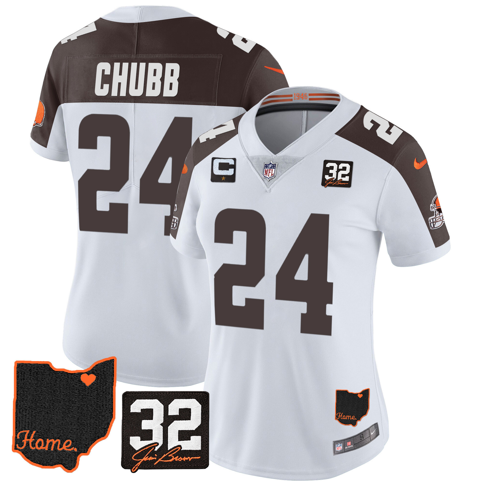 Nick Chubb Women's Cleveland Browns #32 Jim Brown Memorial & Home Patch Inverted Jersey - All Stitched