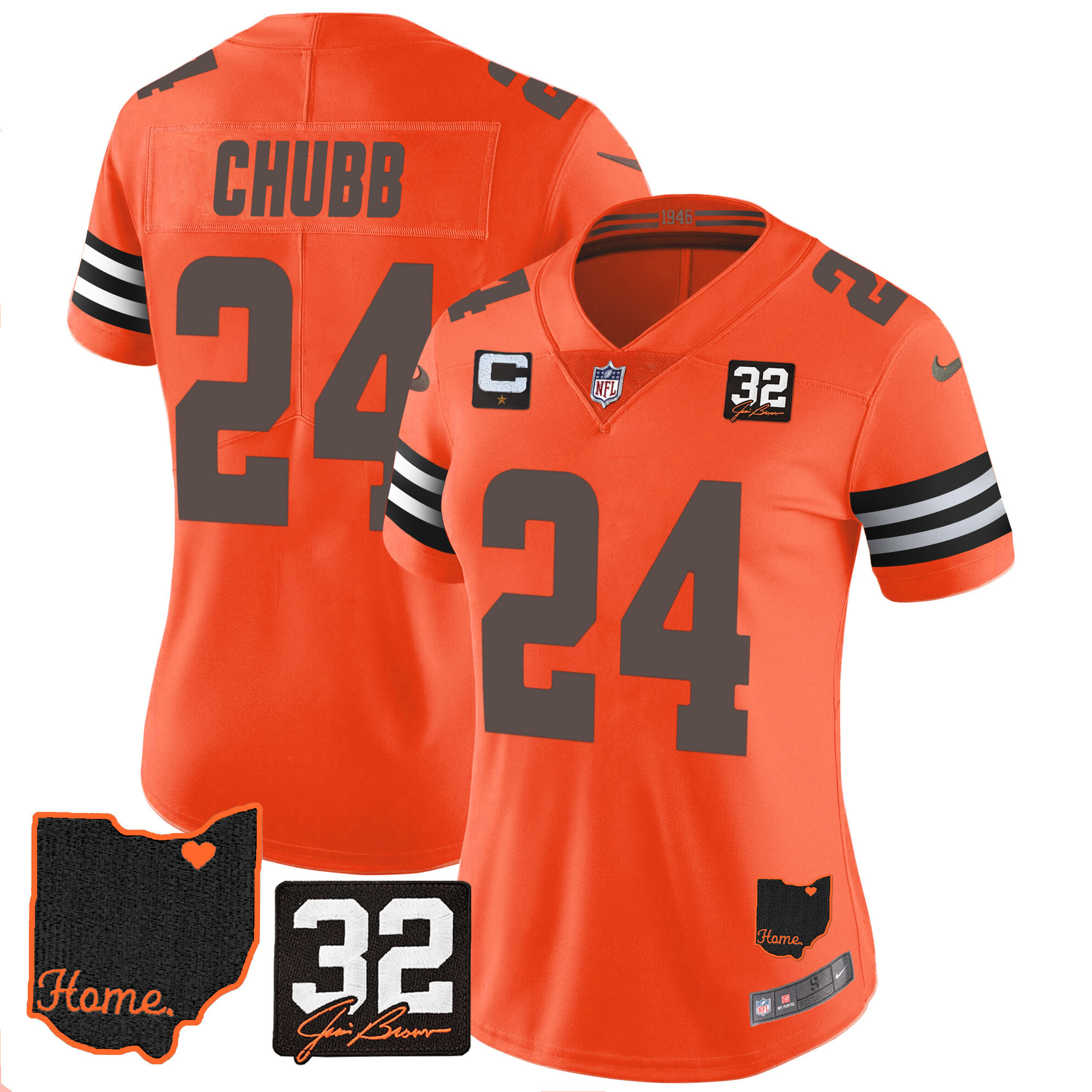 Nick Chubb Women's Cleveland Browns #32 Jim Brown Memorial & Home Patch Orange Jersey - All Stitched