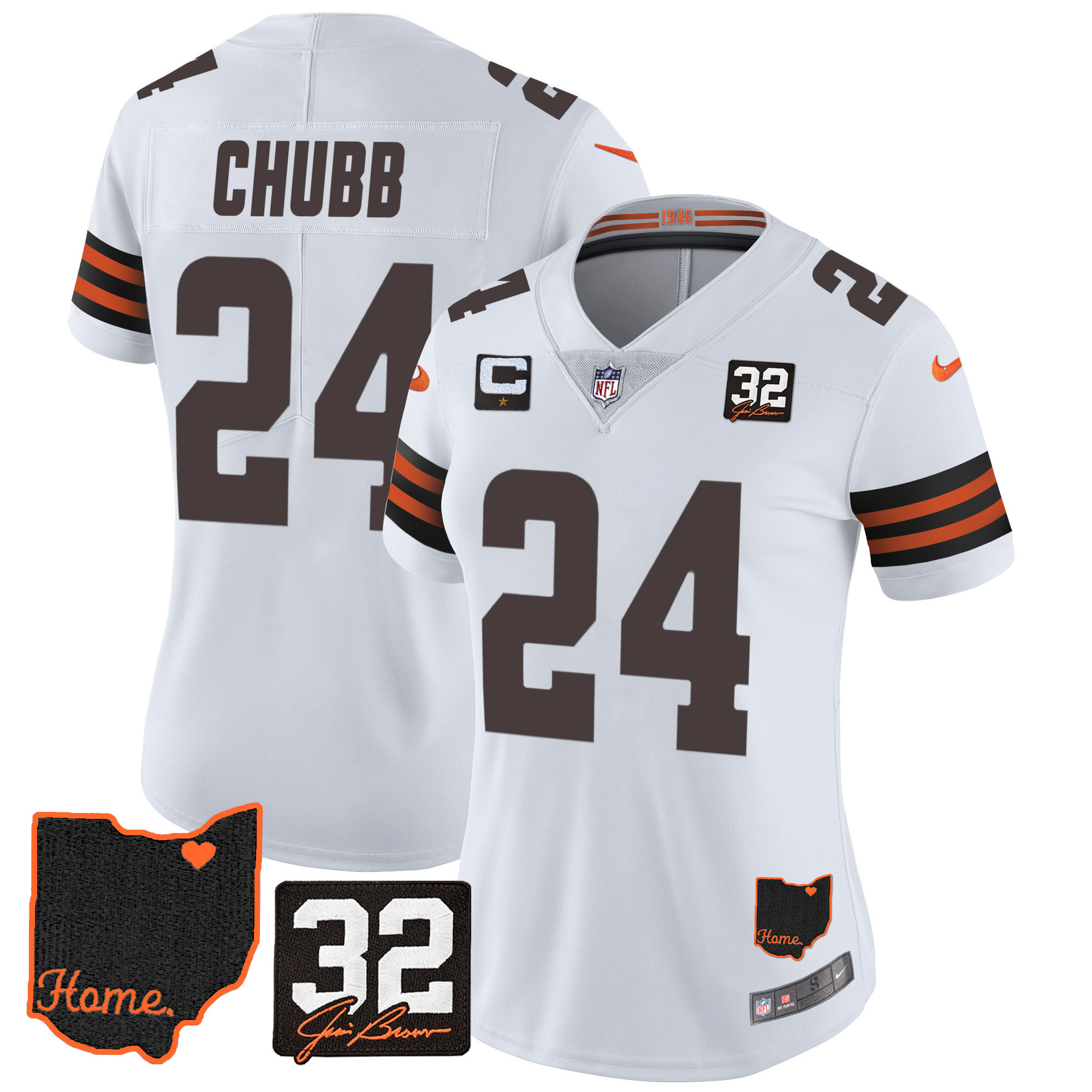 Nick Chubb Women's Cleveland Browns #32 Jim Brown Memorial & Home Patch White Jersey - All Stitched