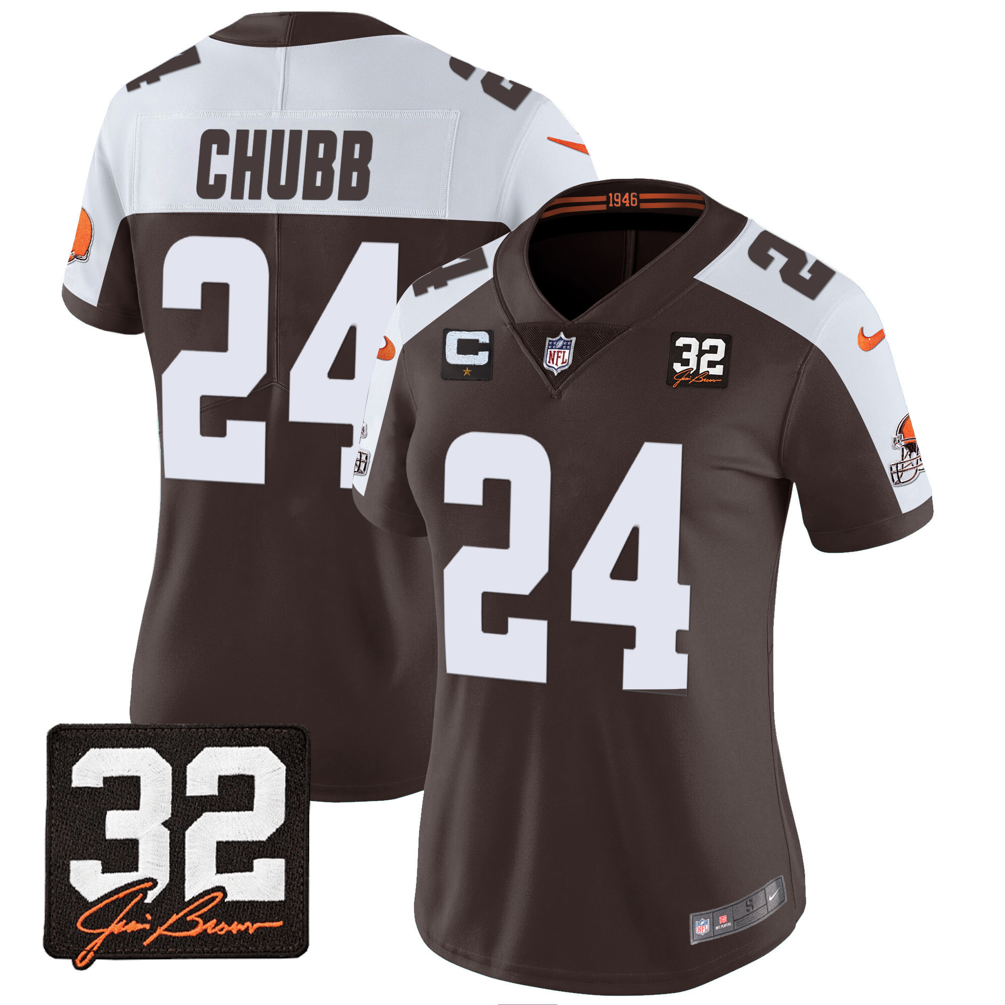 Nick Chubb Women's Cleveland Browns #32 Jim Brown Memorial Patch Alternate Jersey - All Stitched