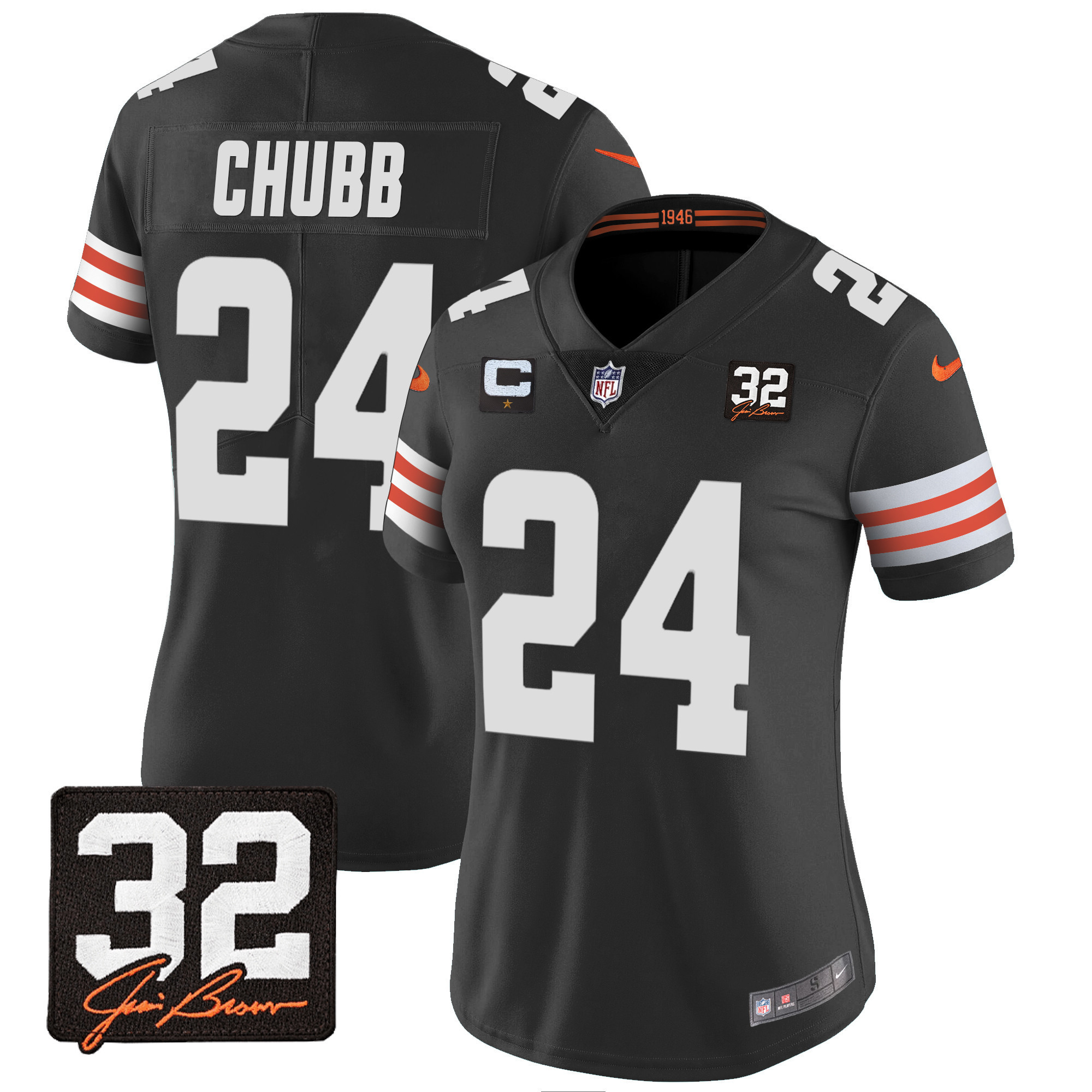 Nick Chubb Women's Cleveland Browns #32 Jim Brown Memorial Patch Black Jersey - All Stitched