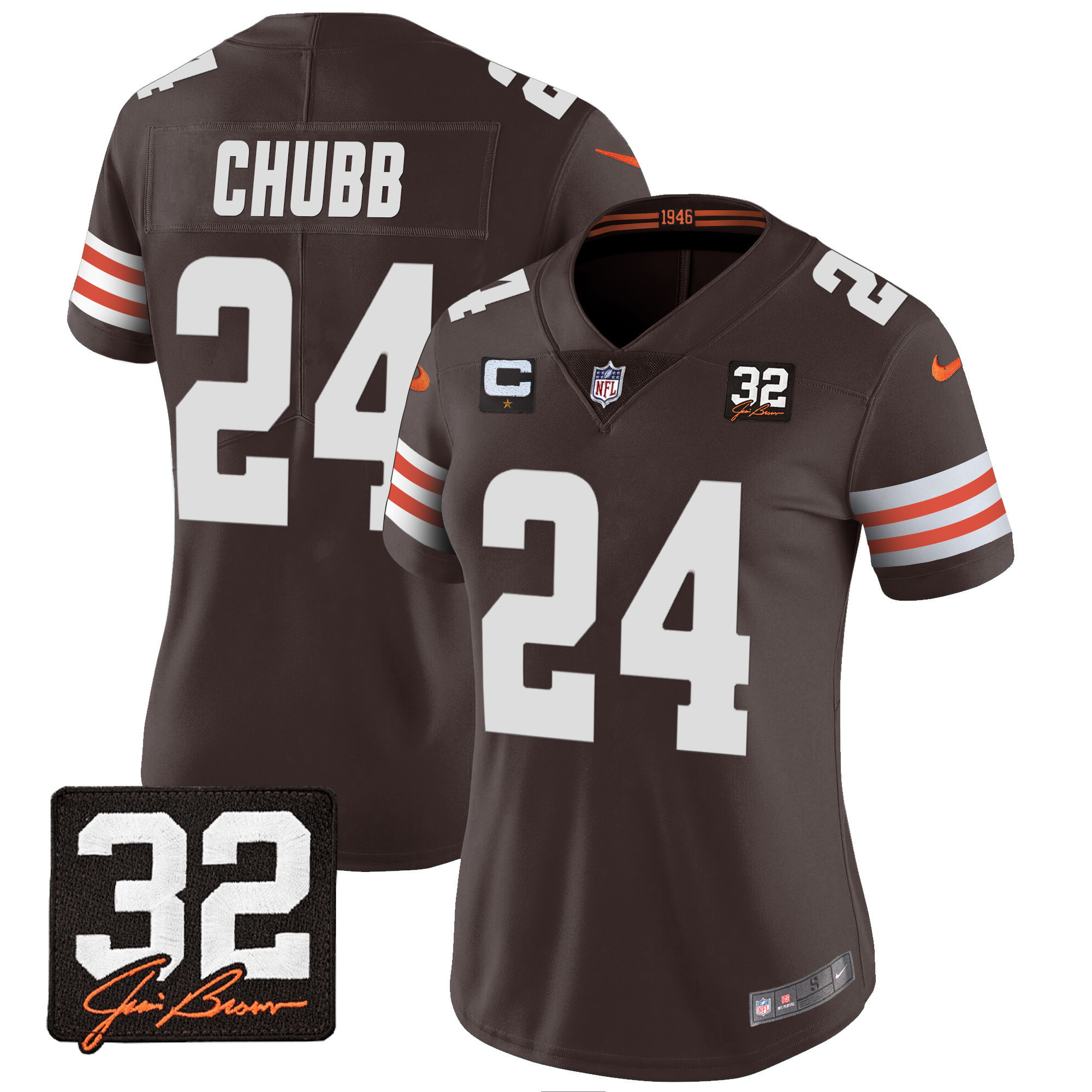 Nick Chubb Women's Cleveland Browns #32 Jim Brown Memorial Patch Brown Jersey - All Stitched