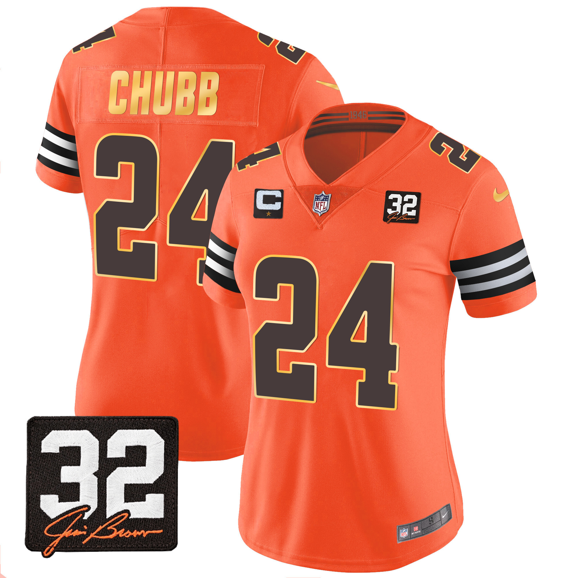 Nick Chubb Women's Cleveland Browns #32 Jim Brown Memorial Patch Gold Trim Orange Jersey - All Stitched