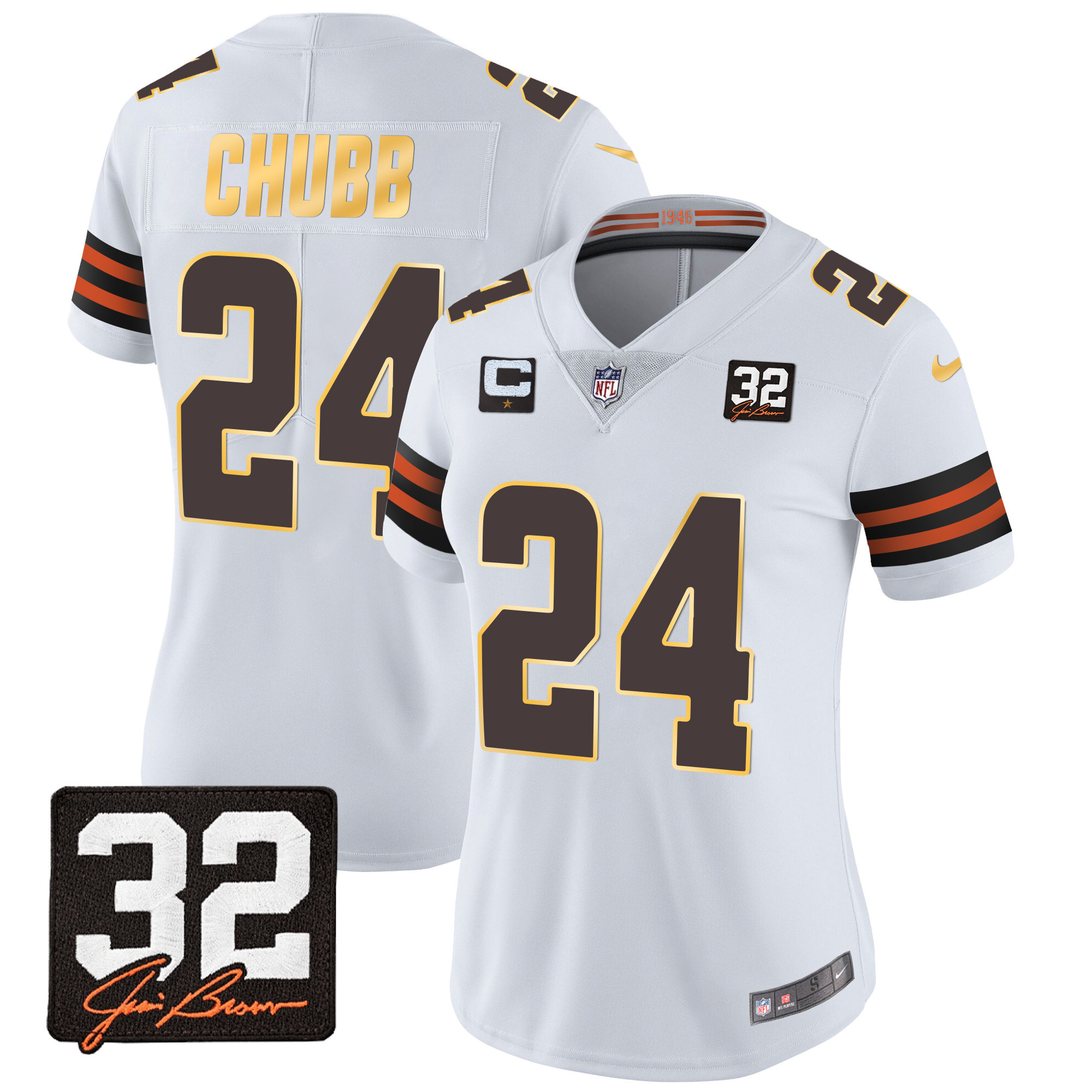 Nick Chubb Women's Cleveland Browns #32 Jim Brown Memorial Patch Gold Trim White Jersey - All Stitched