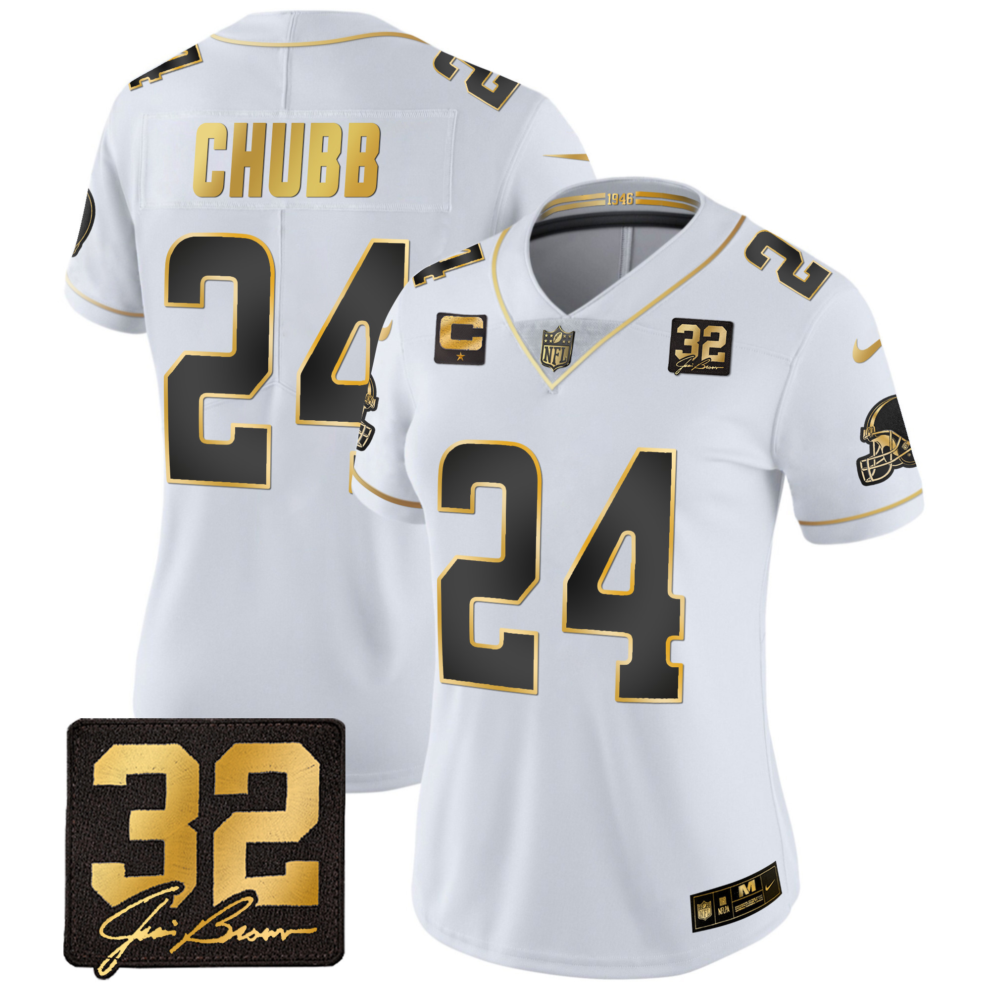 Nick Chubb Women's Cleveland Browns #32 Jim Brown Memorial Patch Gold White Gold Jersey - All Stitched