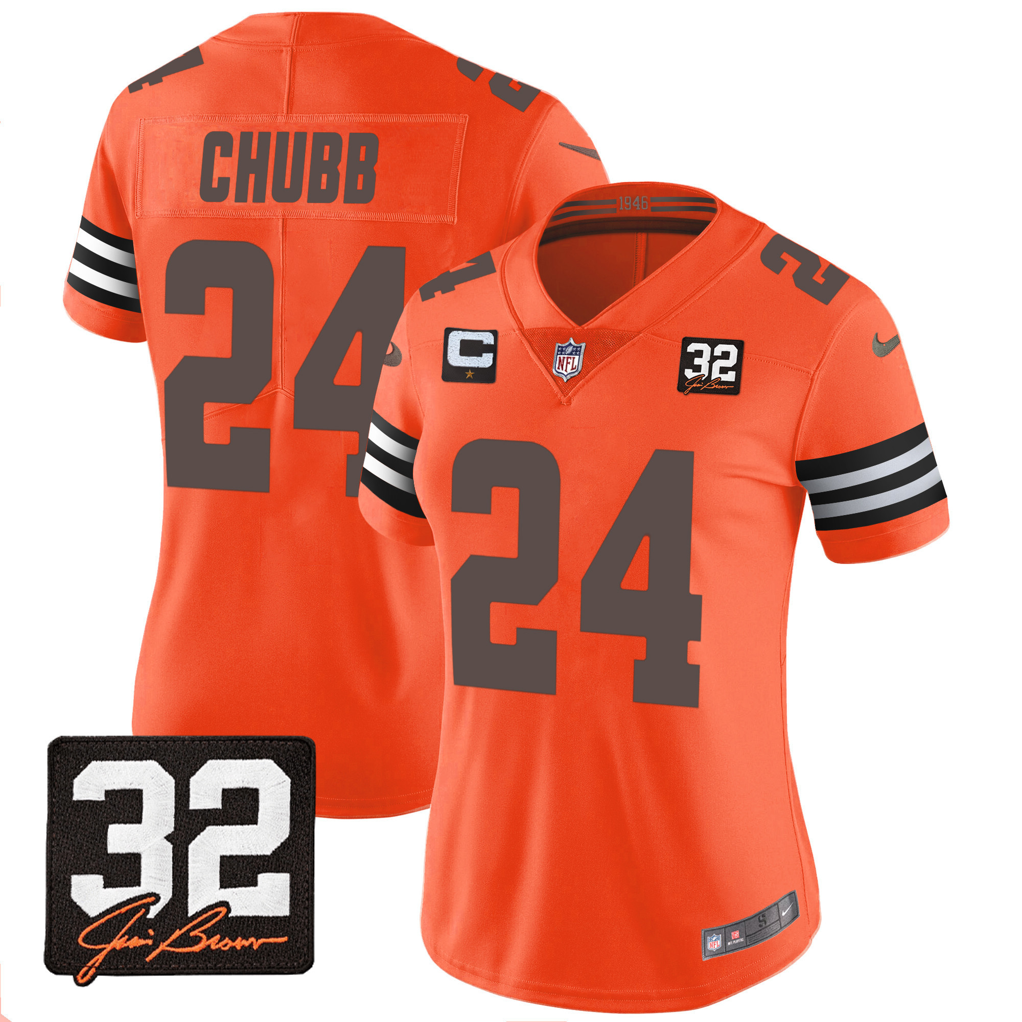 Nick Chubb Women's Cleveland Browns #32 Jim Brown Memorial Patch Orange Jersey - All Stitched