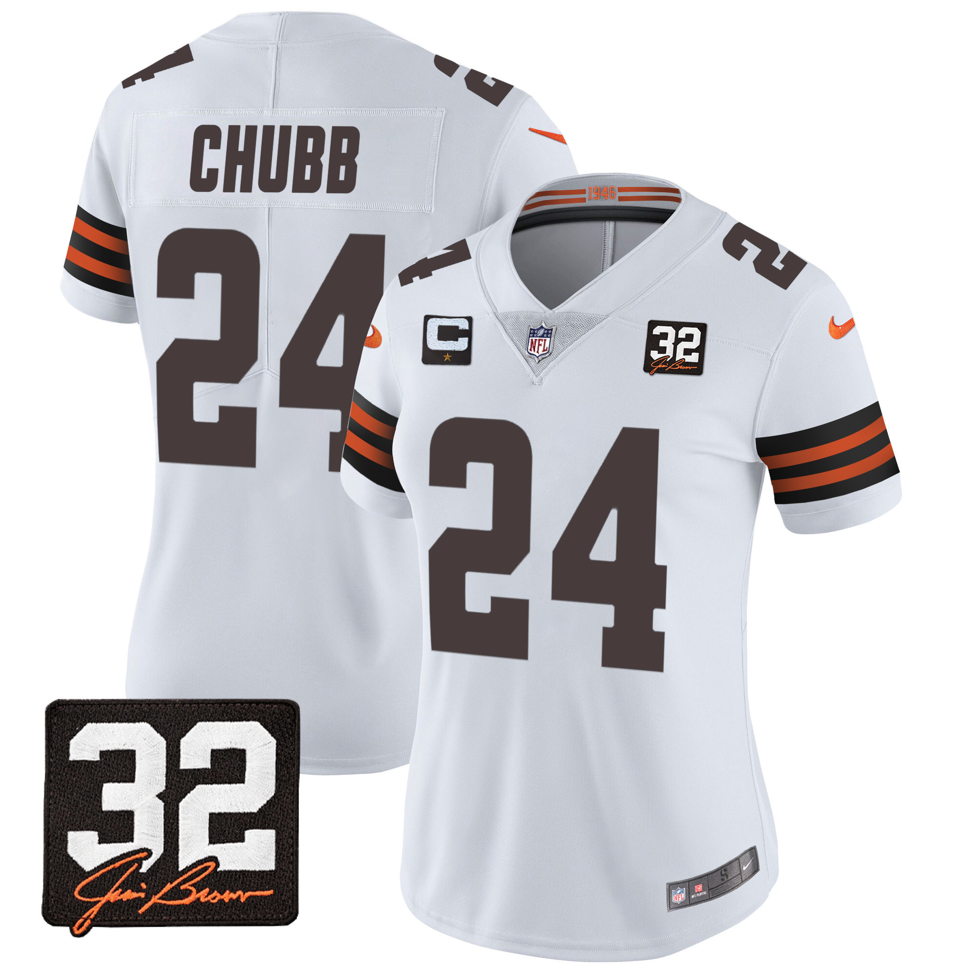 Nick Chubb Women's Cleveland Browns #32 Jim Brown Memorial Patch White Jersey - All Stitched